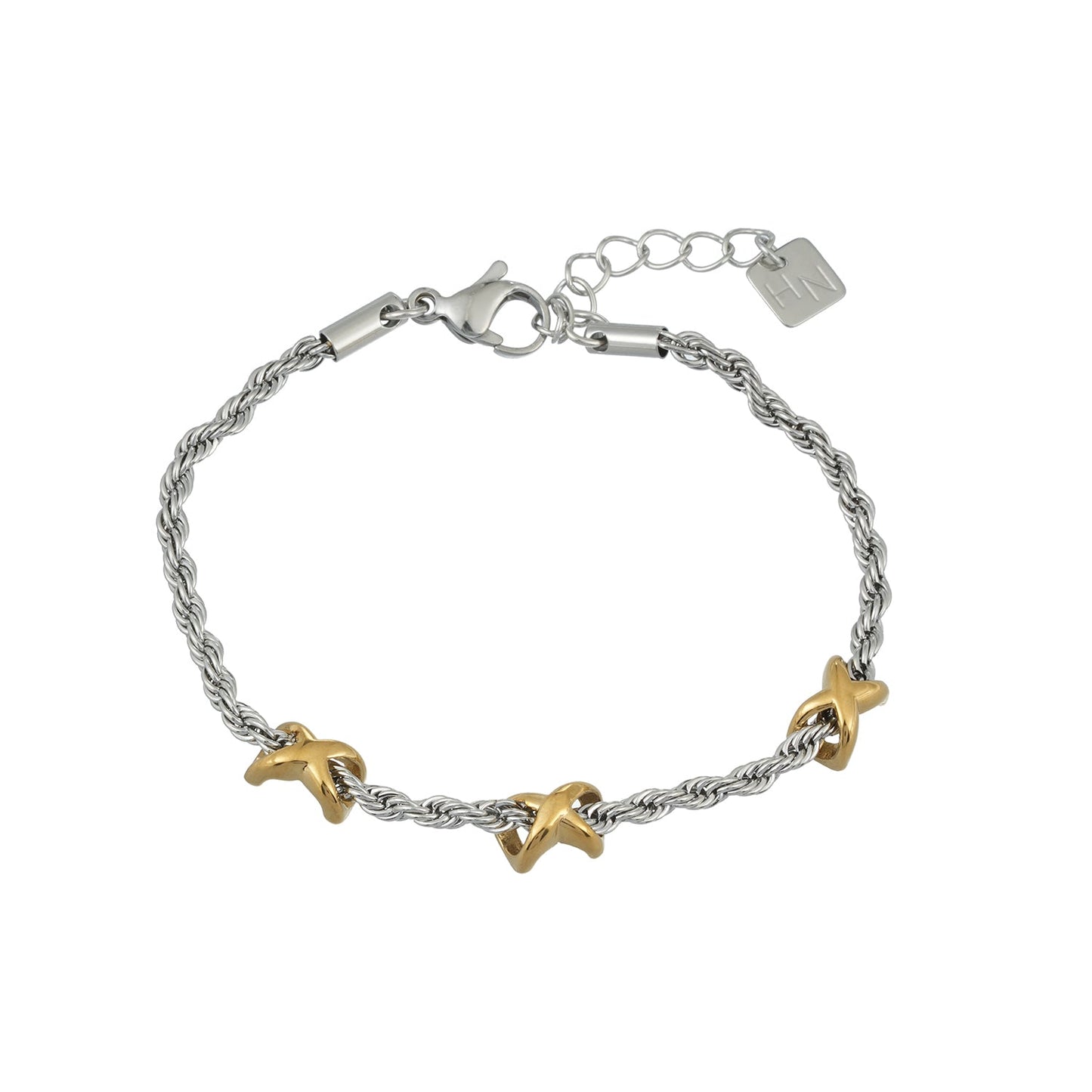 DRAGOSA Mixed Metals: Silver Rope Chain Bracelet with Triple Mini Gold Criss-Cross Charms