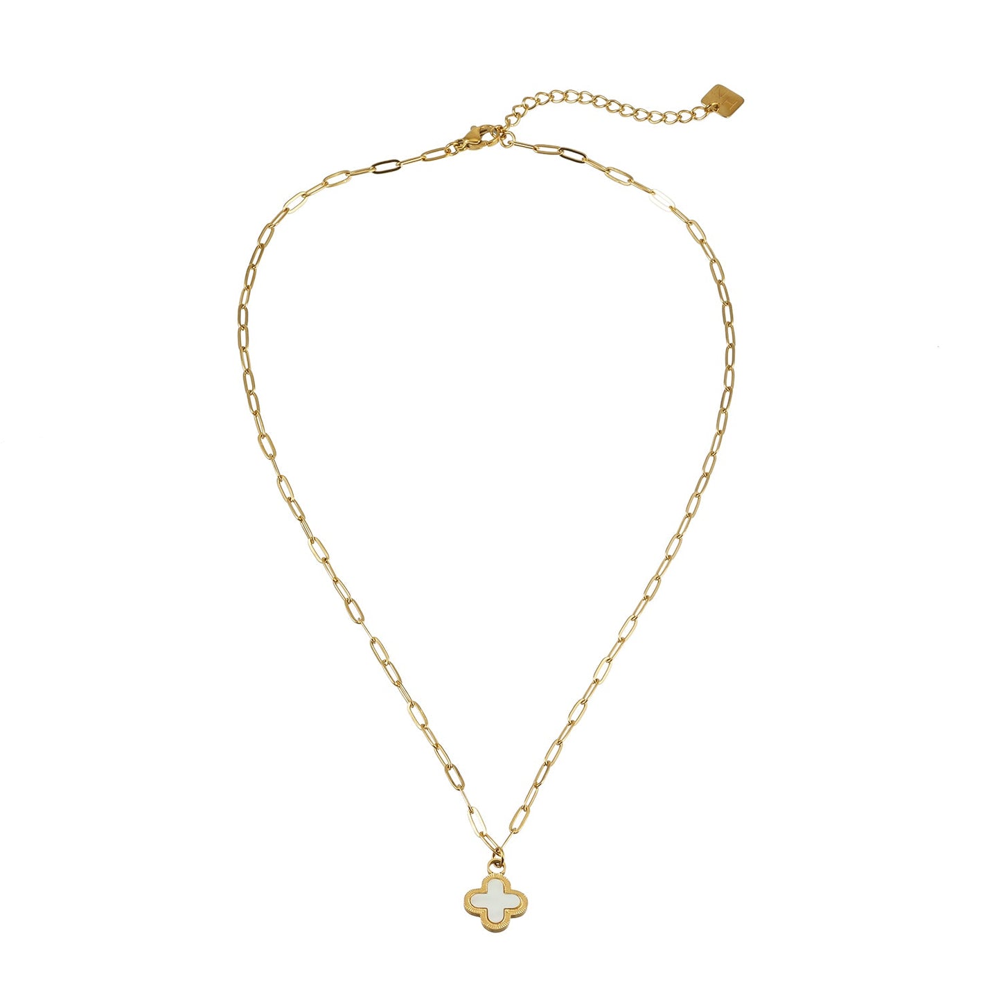 MAKA Gold: Chain-Necklace with a Clover Shaped Charm in Natural Shell with a Gold Metal Border
