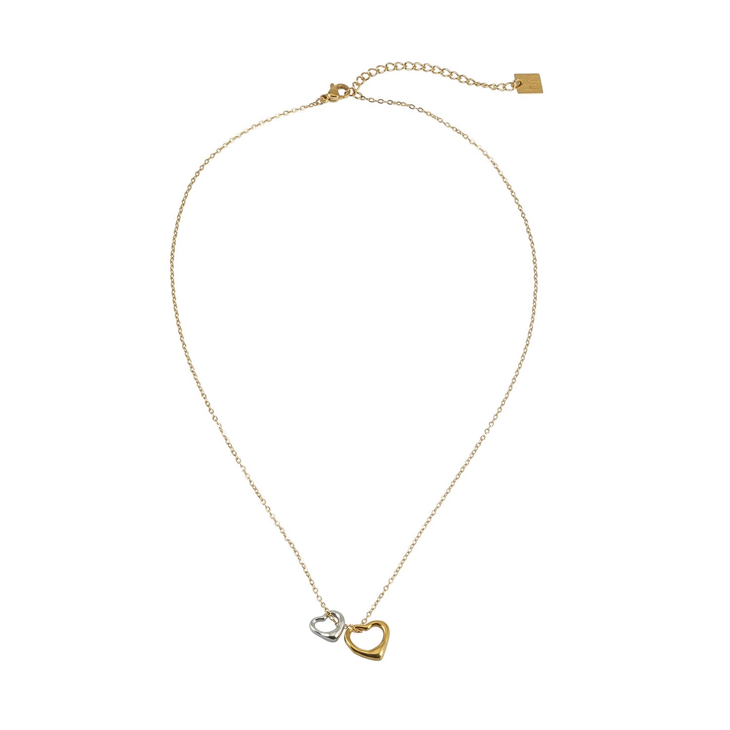 LOLANDA Gold+Silver: Dainty Gold Chain Necklace with Two Abstract Heart Charms in Gold & Silver