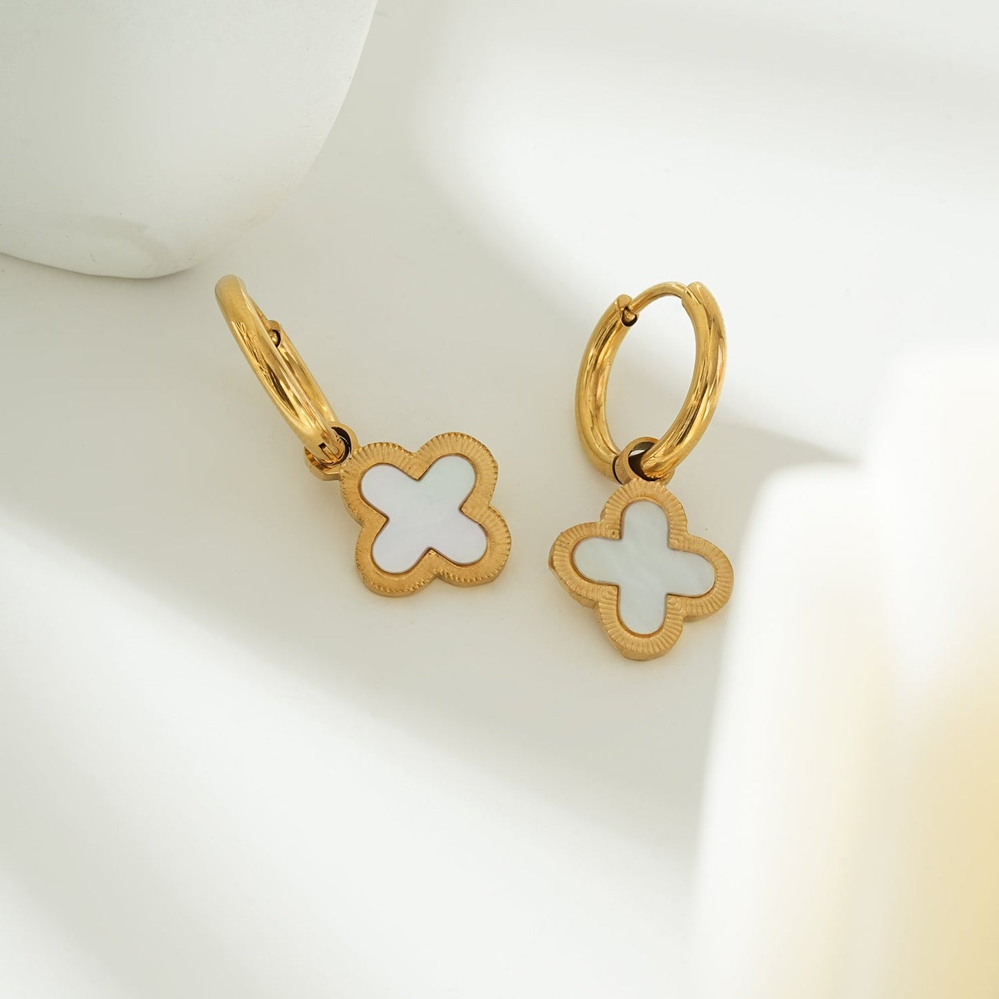 KADSRA Gold: Clover Shaped Shell Charm on A Classic Round Hoop