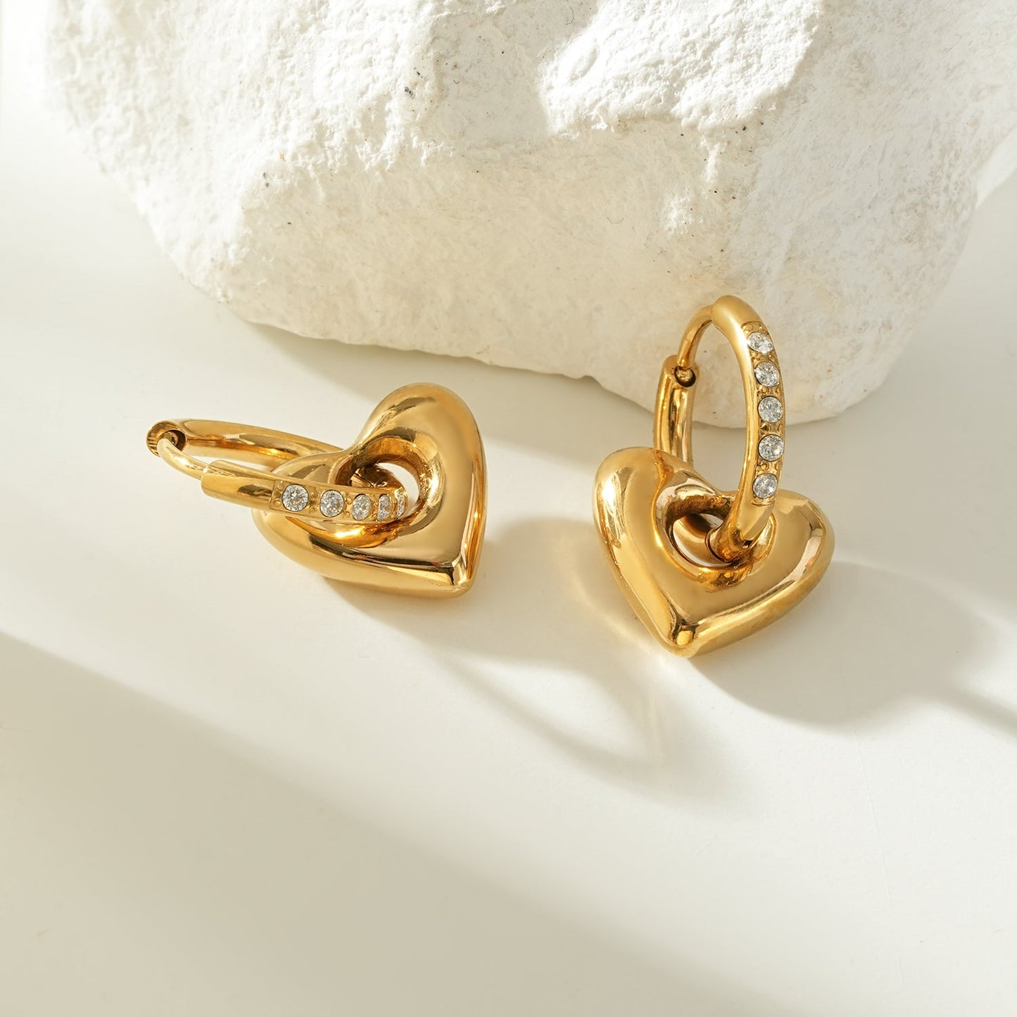 BISHAARA Gold: Zirconia Embedded Heart Charm Hoop Earrings – Forever Love