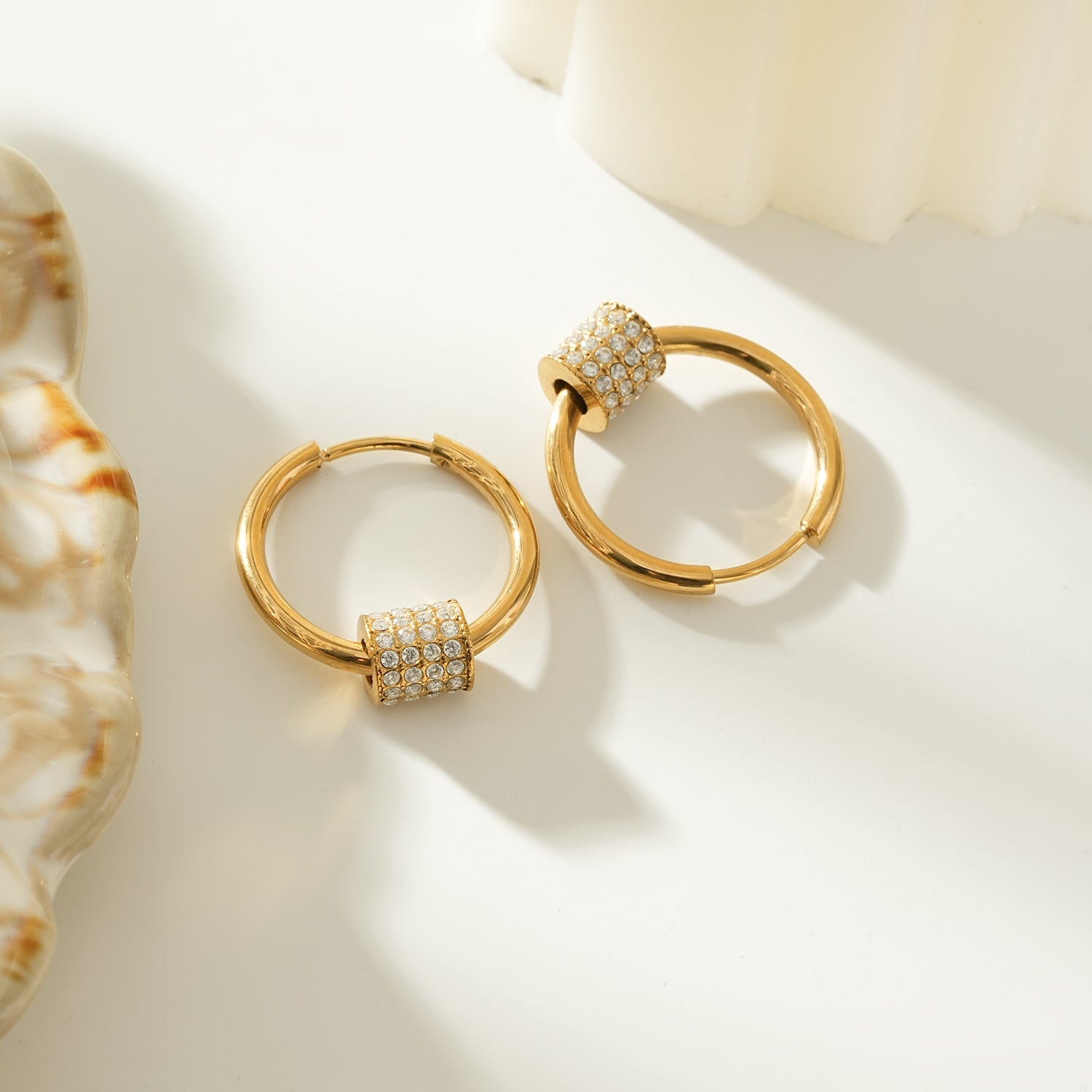 DUNIYA Gold: Gold Hoop Earrings with Barrel Pavé Diamond Charm – Luxe Modern Style