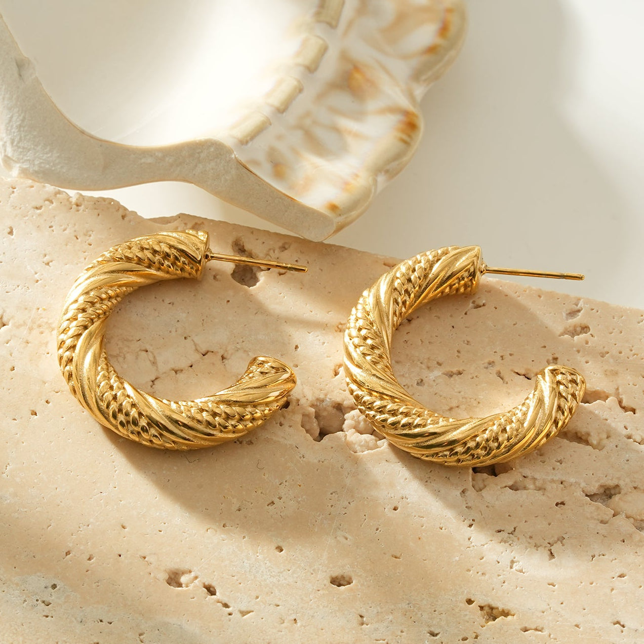 GULIID Gold: Vintage Textured Mid-Width Hoop Earrings with Fine Lines and Rope Pattern Detail