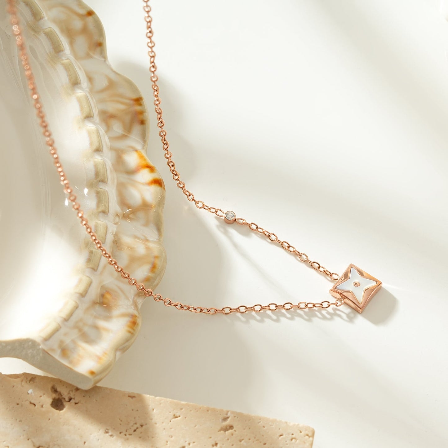LAVINIA Gold: Square Gold Pendant Necklace with Cut-Away Shell Star and Mini Zirconia Charm