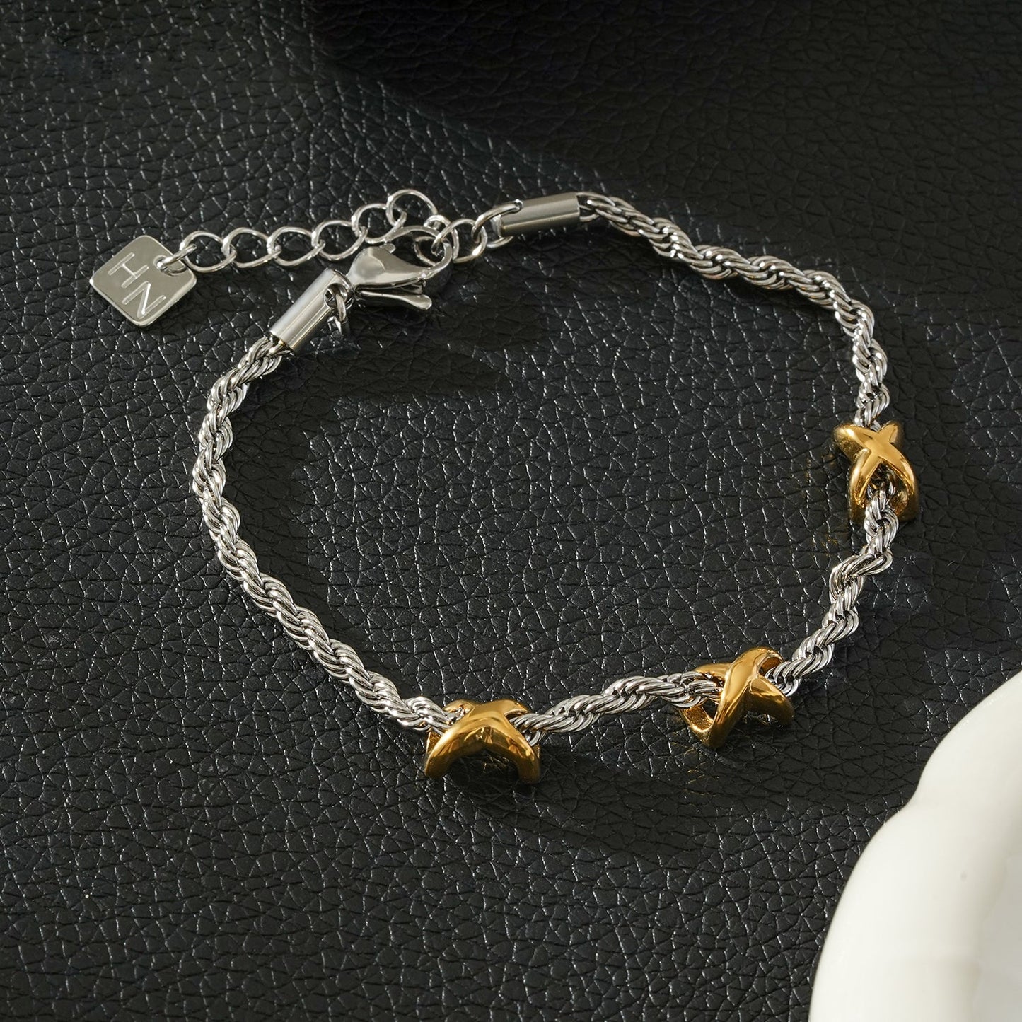 DRAGOSA Mixed Metals: Silver Rope Chain Bracelet with Triple Mini Gold Criss-Cross Charms