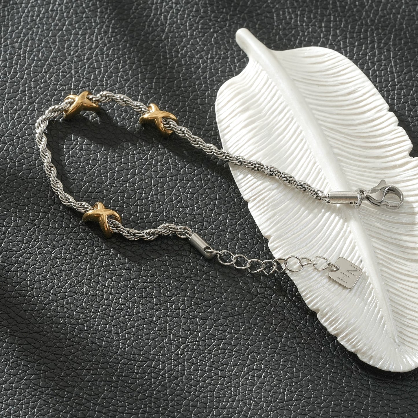 DRAGOSA Mixed Metals: Silver Rope Chain Bracelet with Triple Mini Gold Criss-Cross Charms