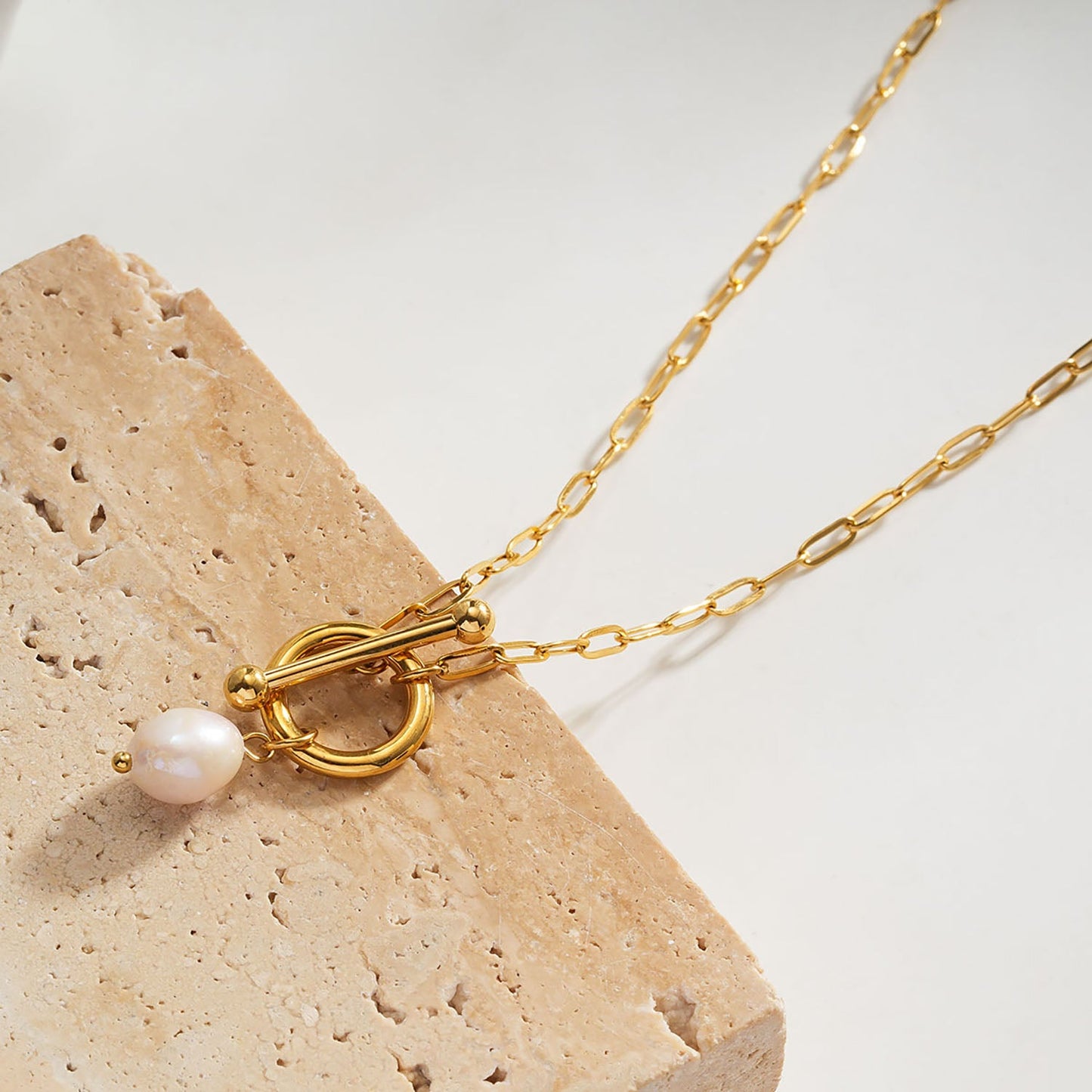 D'ANGELA Gold:  Paperclip Chain Necklace with Toggle Fastener & Pearl Charm