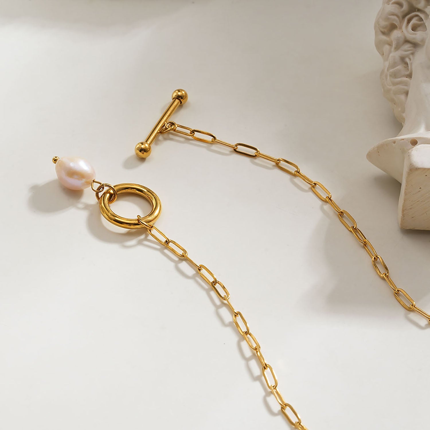D'ANGELA Gold:  Paperclip Chain Necklace with Toggle Fastener & Pearl Charm