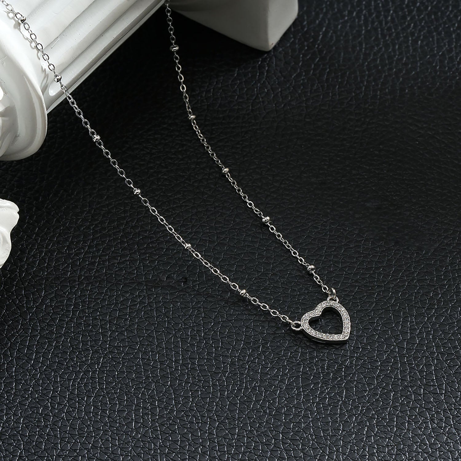 CHERISH Silver (White Gold): Beaded Chain Anchoring an Elegant Pavé Heart Charm Pendant