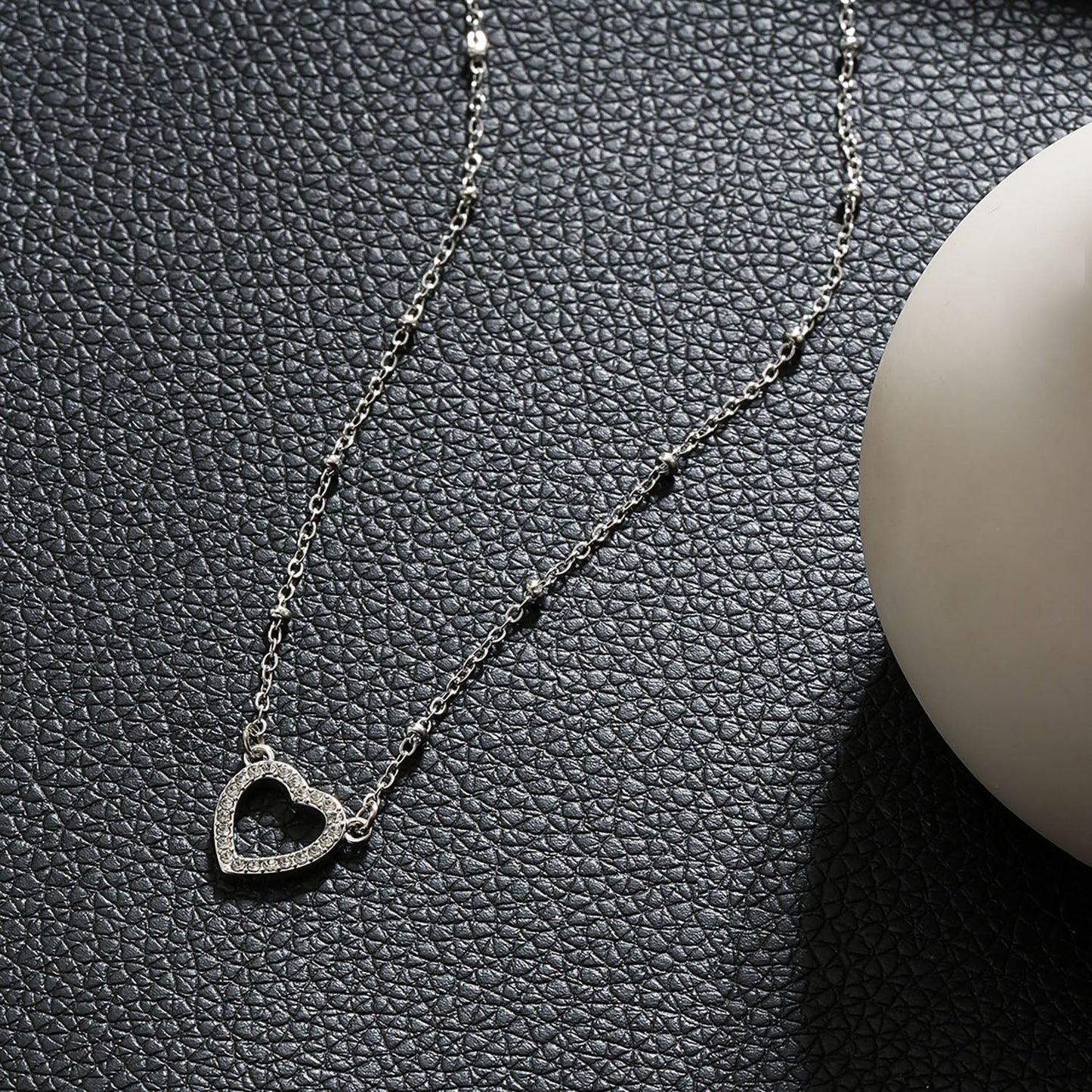 CHERISH Silver (White Gold): Beaded Chain Anchoring an Elegant Pavé Heart Charm Pendant