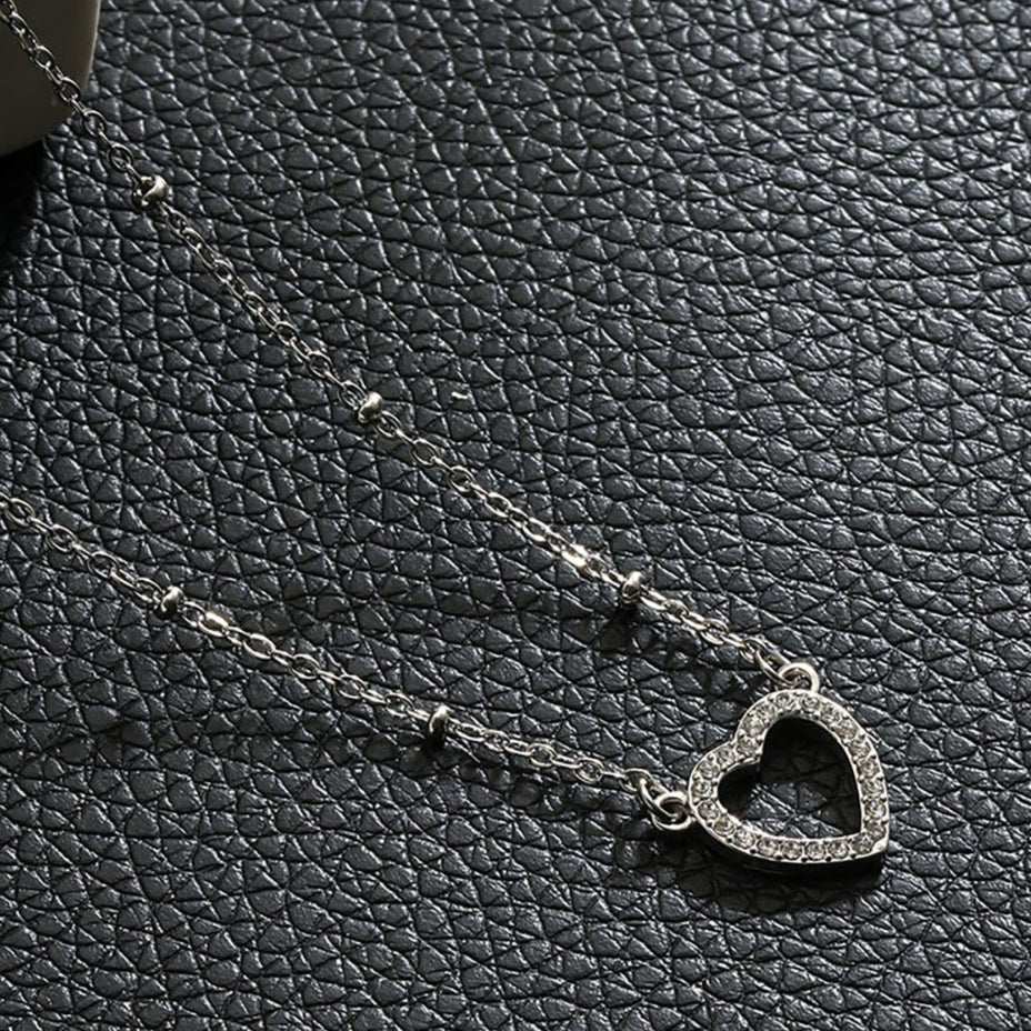 CHERISH Silver (White Gold): Beaded Chain Anchoring an Elegant Pavé Heart Charm Pendant
