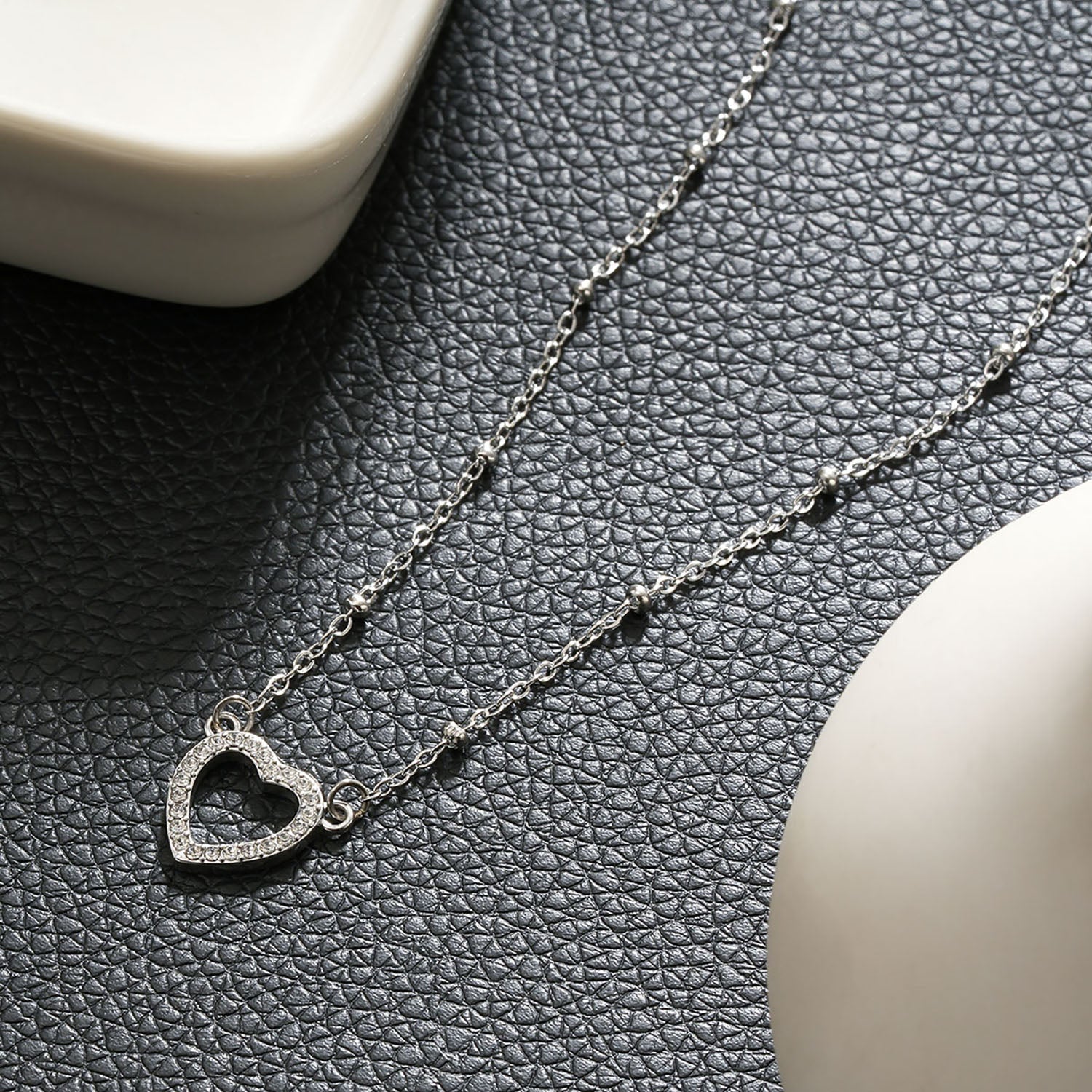CHERISH Silver (White Gold): Beaded Chain Anchoring an Elegant Pavé Heart Charm Pendant