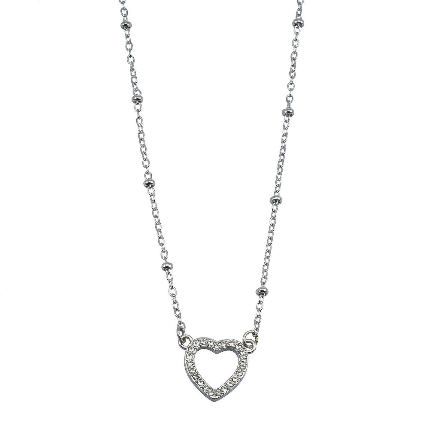 CHERISH Silver (White Gold): Beaded Chain Anchoring an Elegant Pavé Heart Charm Pendant