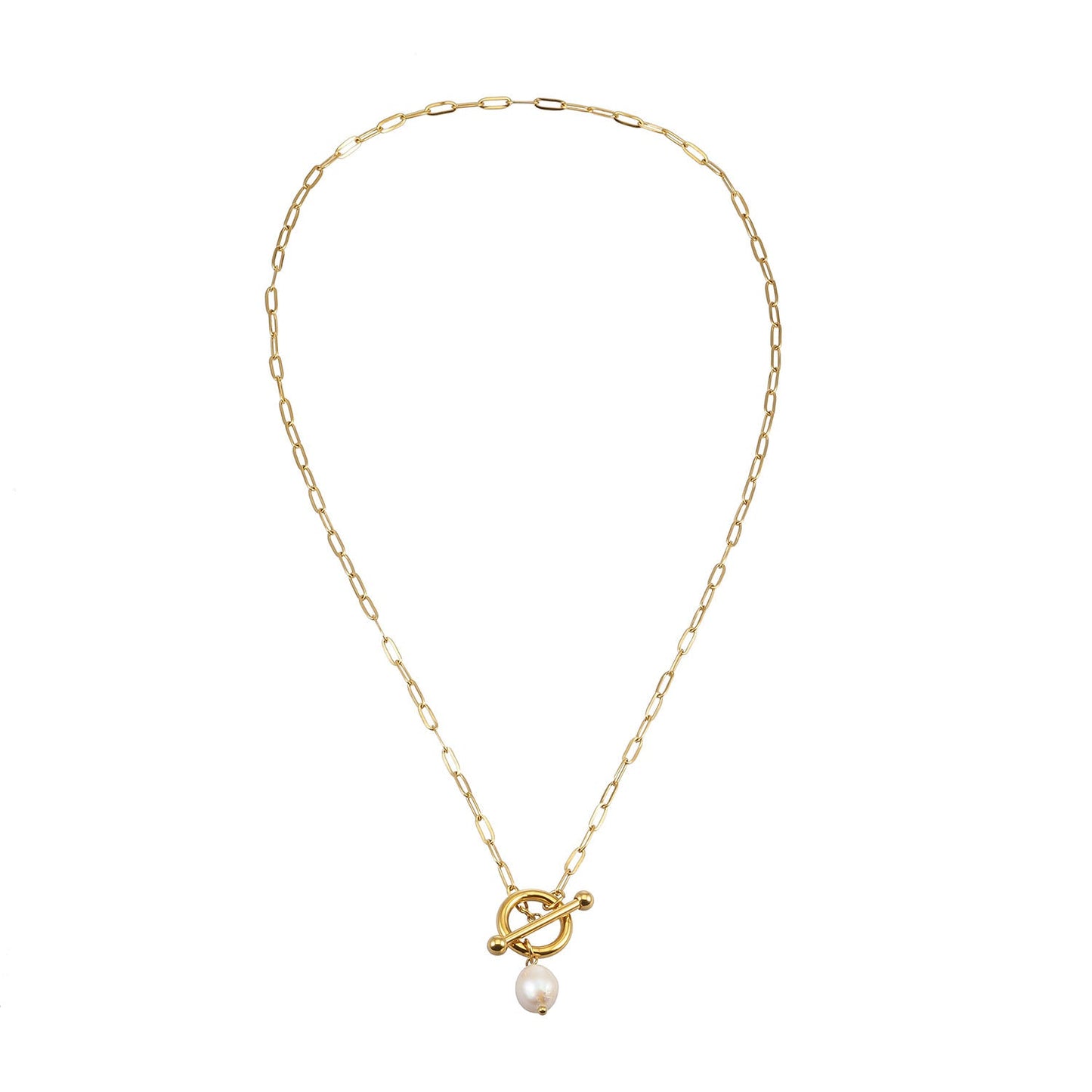 D'ANGELA Gold:  Paperclip Chain Necklace with Toggle Fastener & Pearl Charm