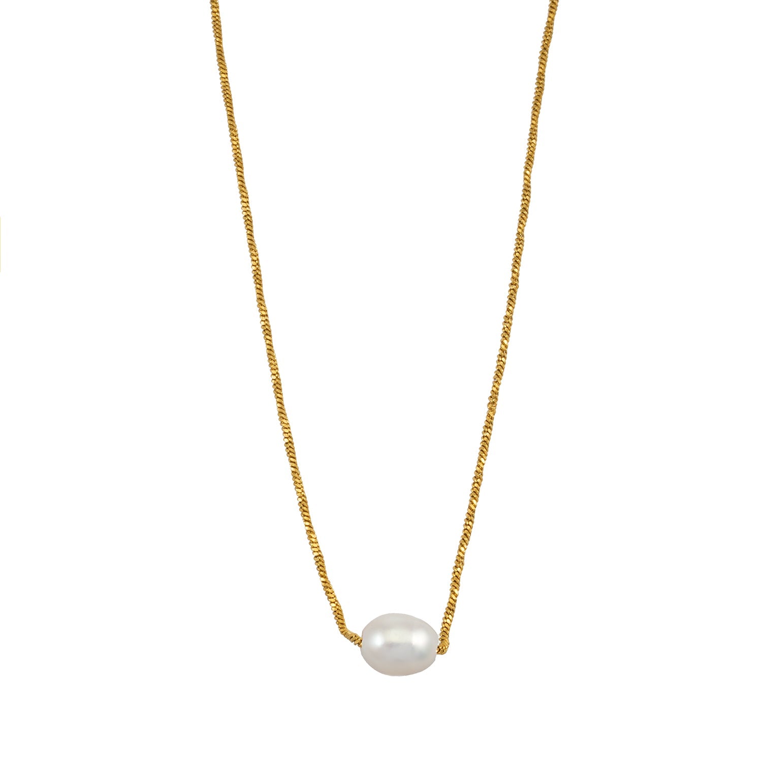 VAZSONY Gold: Effortless Grace - Dainty Textured Chain Necklace with Single Freshwater Pearl