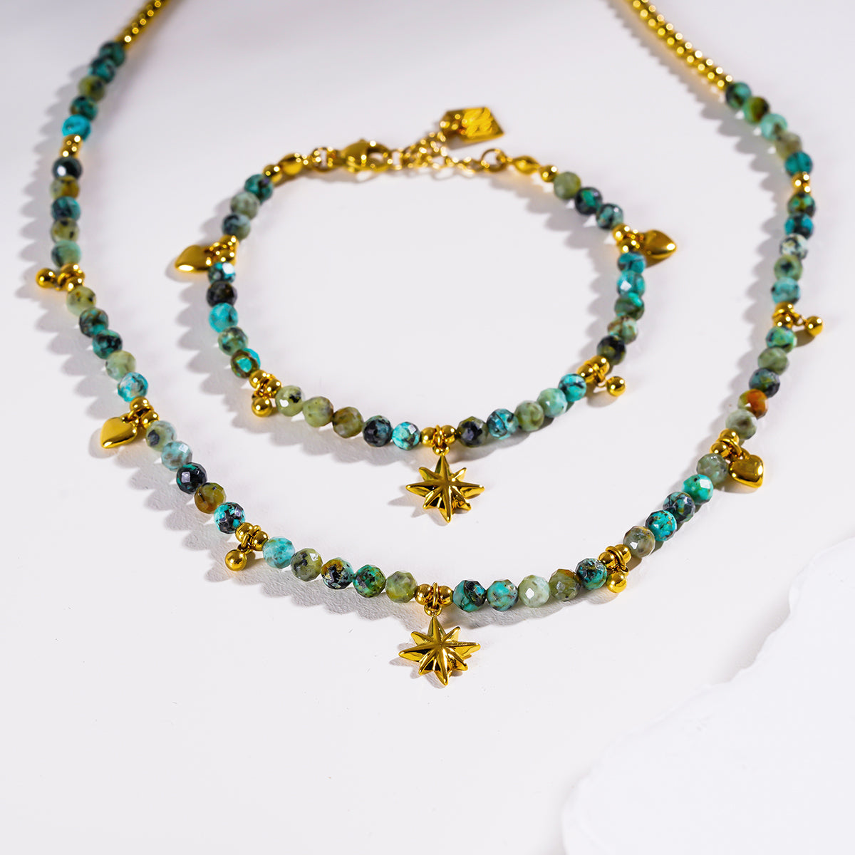 Style GITANJI: Blue Turquoise Stones with Gold Beads & Charms Chain Necklace