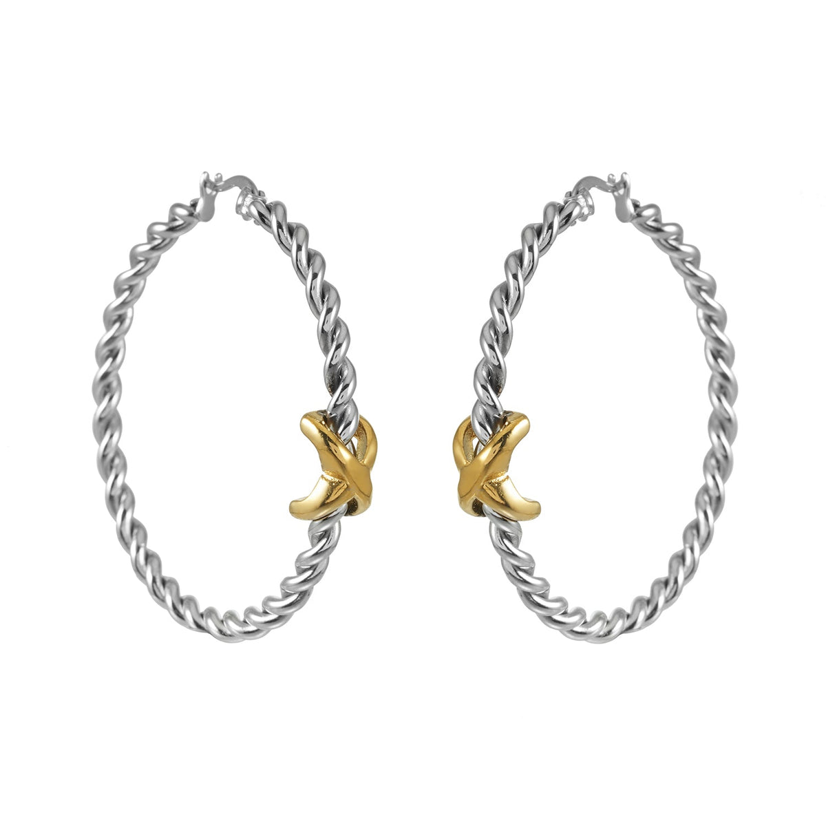 CIPRIANNA two-tone twisted hoop earrings in silver and gold, 37mm diameter, by HACKNEY NINE Jewellery.