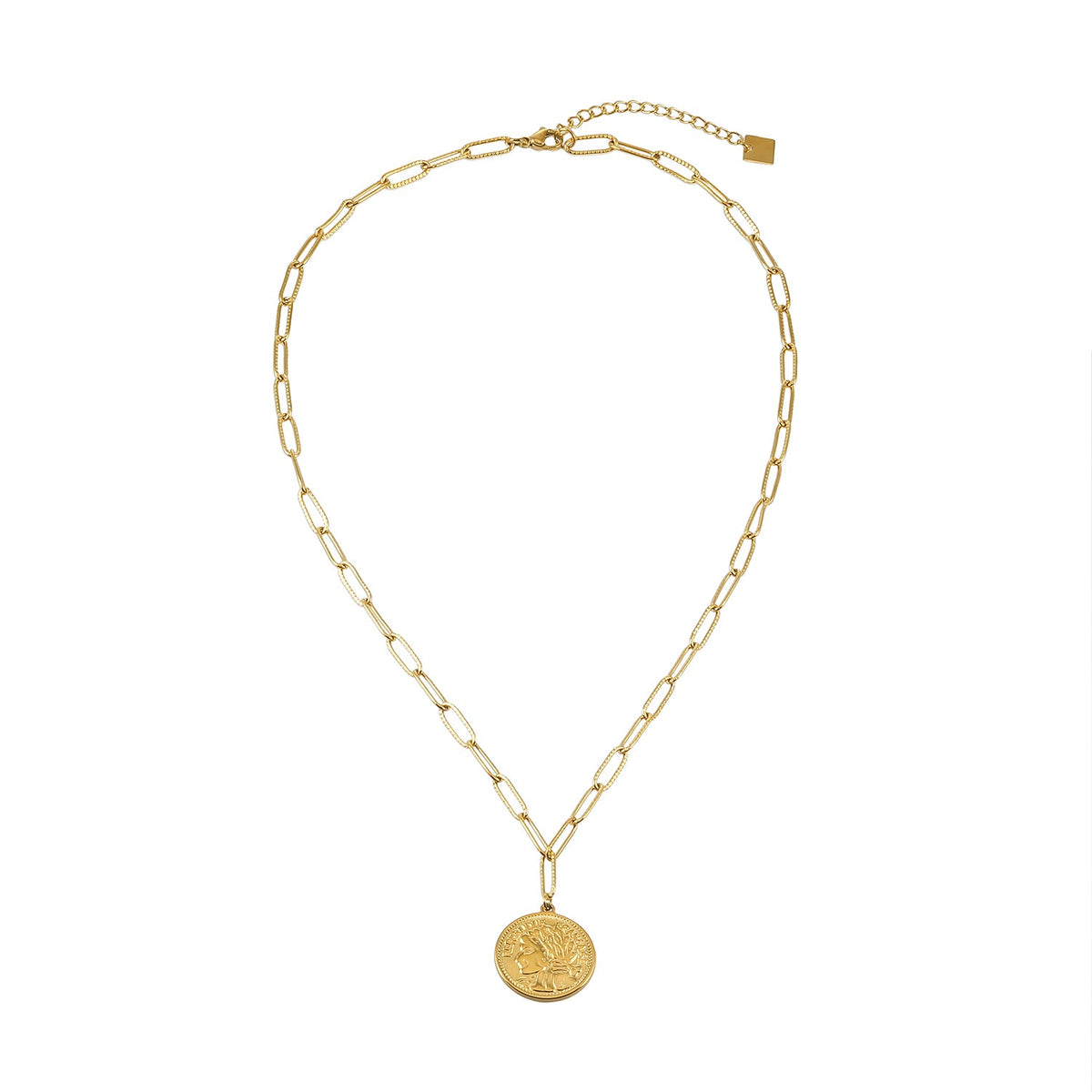 ZUWENA Gold: Reversible Coin Pendant Necklace with Textured Paperclip Chain