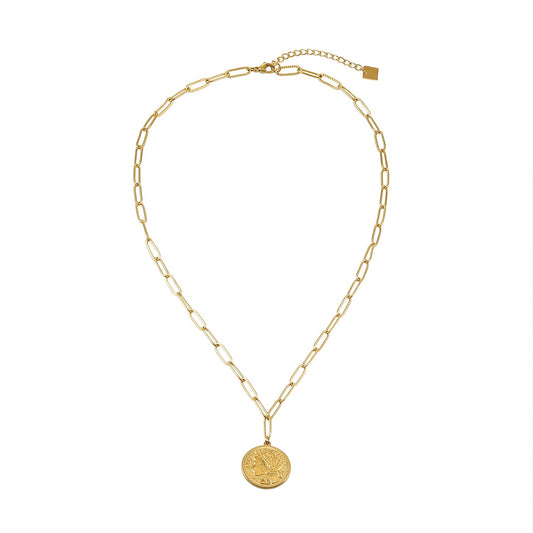 ZUWENA Gold: Reversible Coin Pendant Necklace with Textured Paperclip Chain