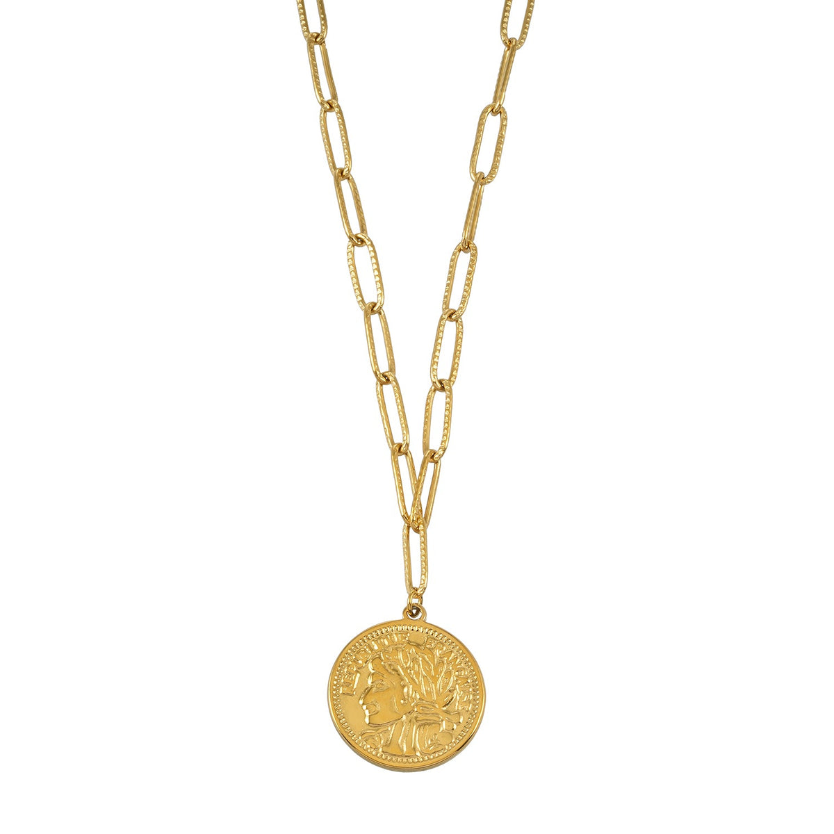 ZUWENA Gold: Reversible Coin Pendant Necklace with Textured Paperclip Chain