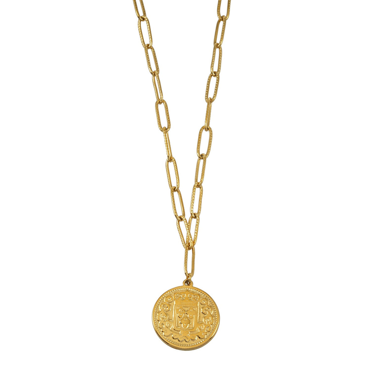 ZUWENA Gold: Reversible Coin Pendant Necklace with Textured Paperclip Chain