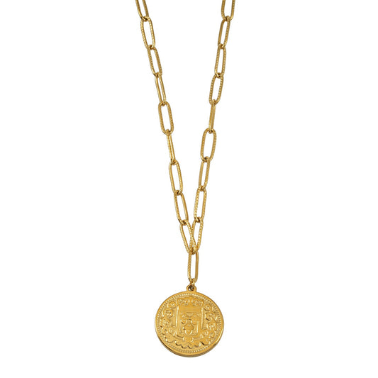 ZUWENA Gold: Reversible Coin Pendant Necklace with Textured Paperclip Chain