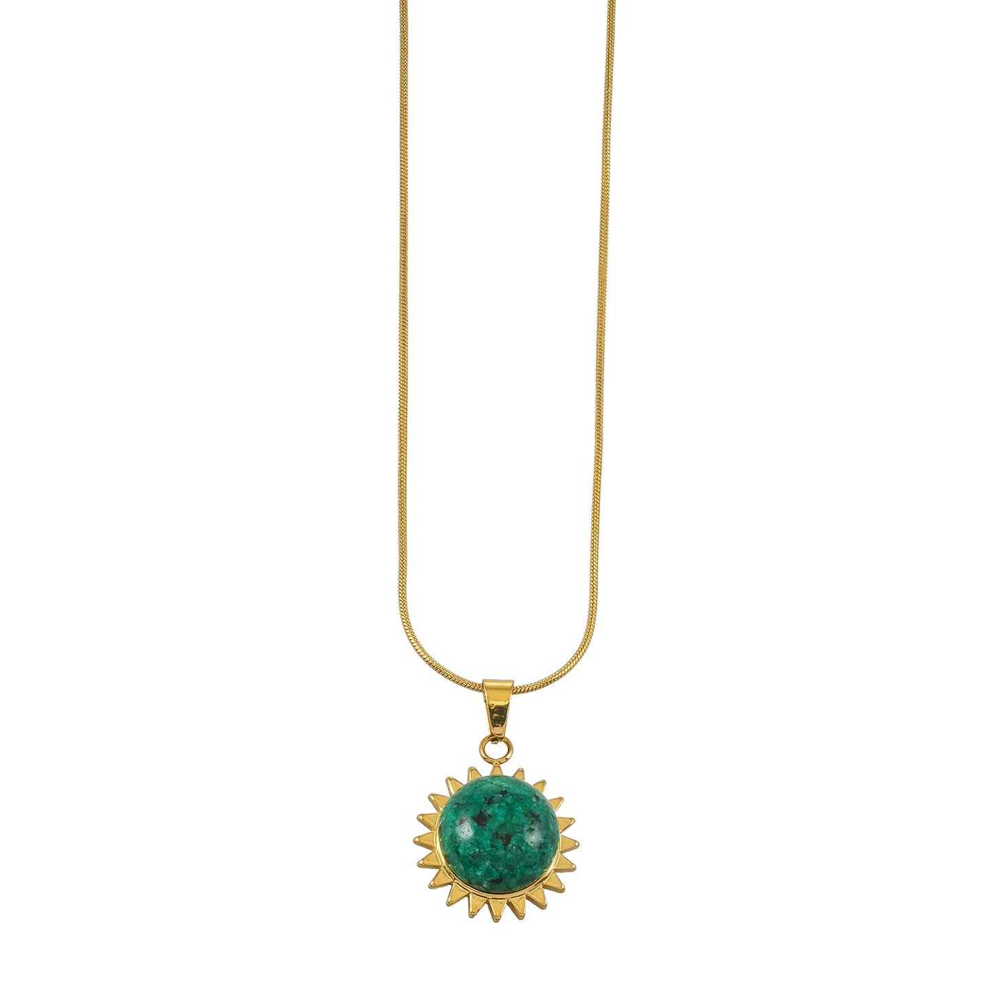 CHIDERA Gold: African Turquoise Sunburst Pendent on a Snake Skin Textured Chain Necklace