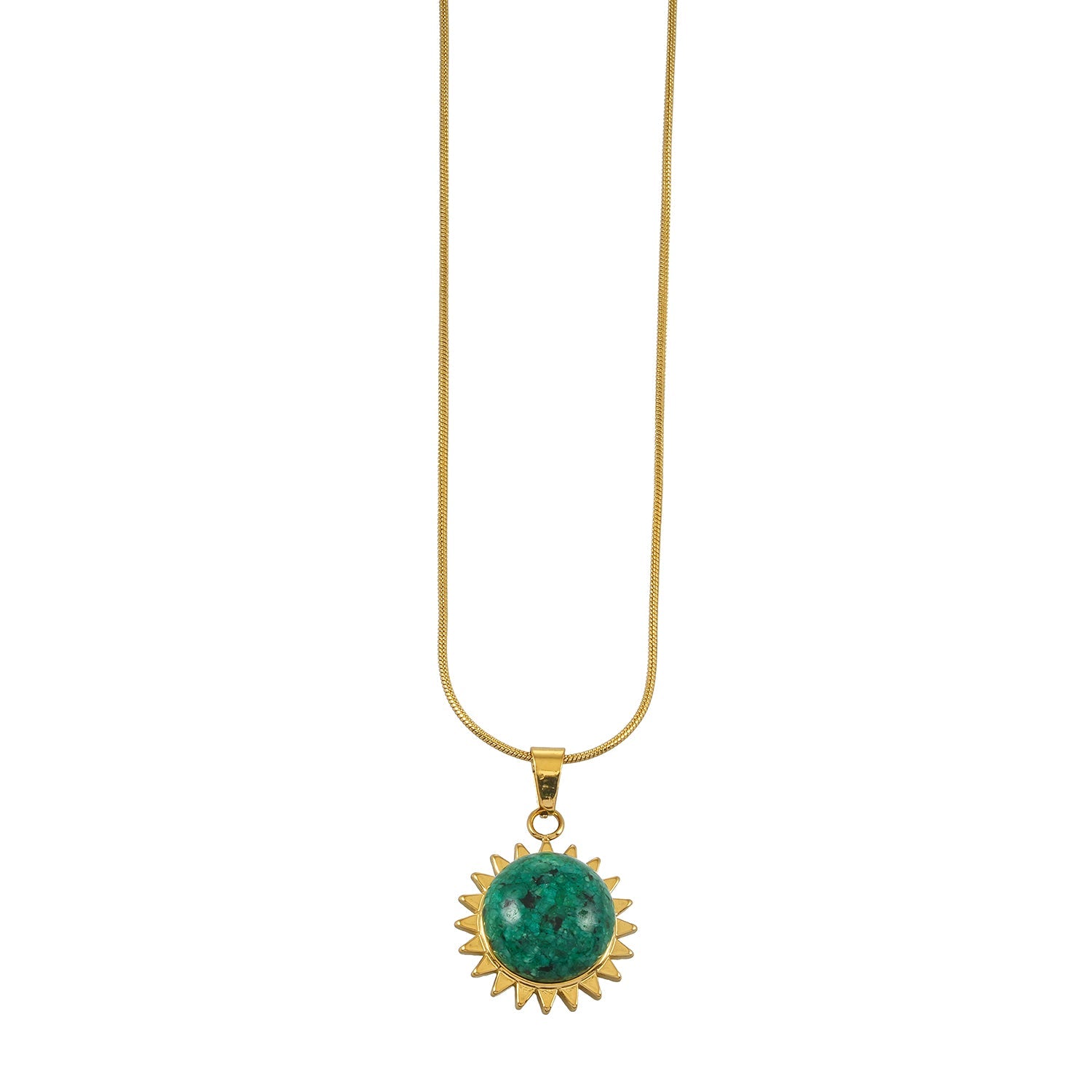 CHIDERA Gold: African Turquoise Sunburst Pendent on a Snake Skin Textured Chain Necklace