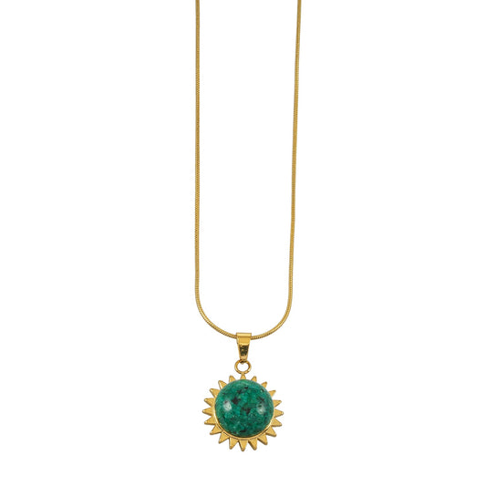 CHIDERA Gold: African Turquoise Sunburst Pendent on a Snake Skin Textured Chain Necklace
