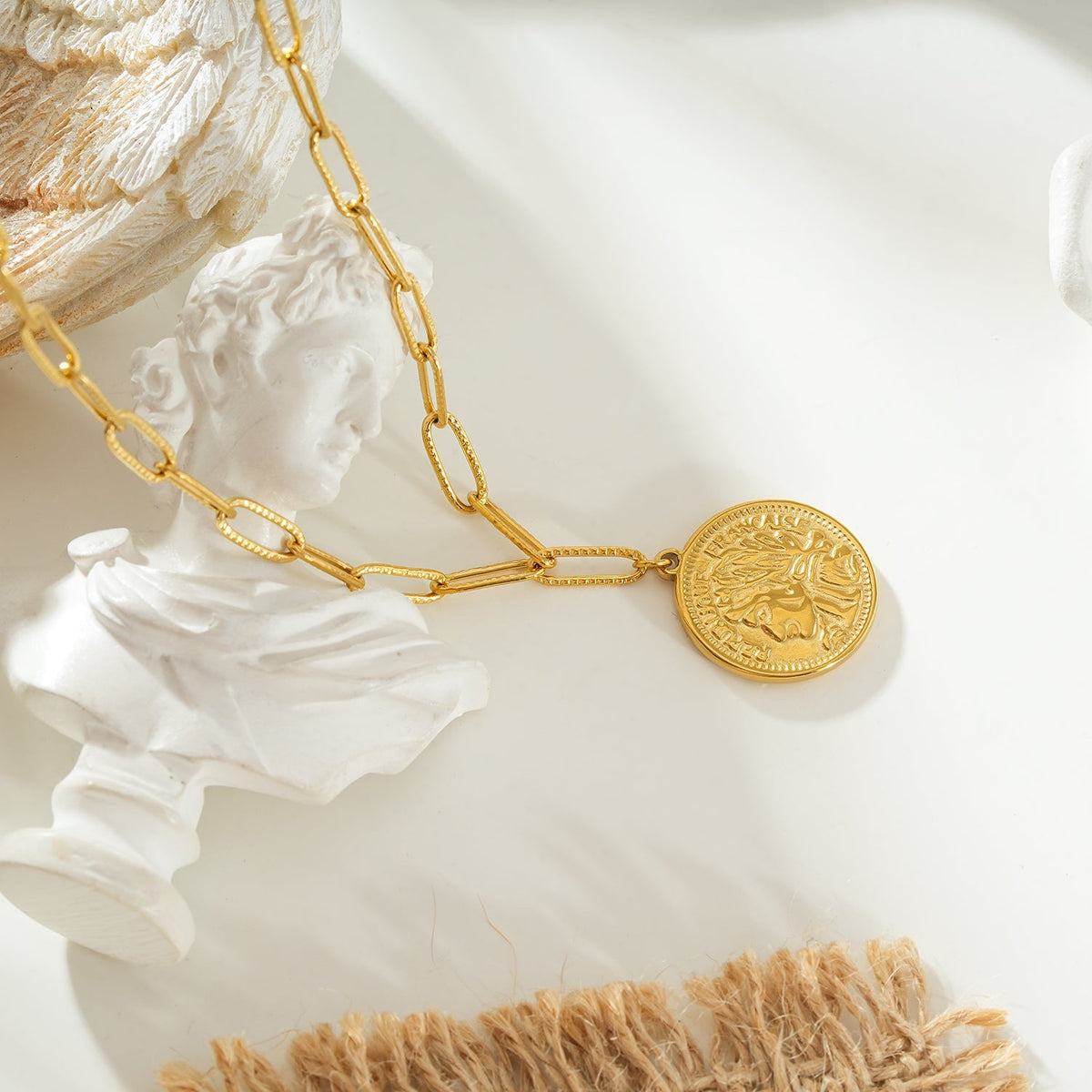 ZUWENA Gold: Reversible Coin Pendant Necklace with Textured Paperclip Chain