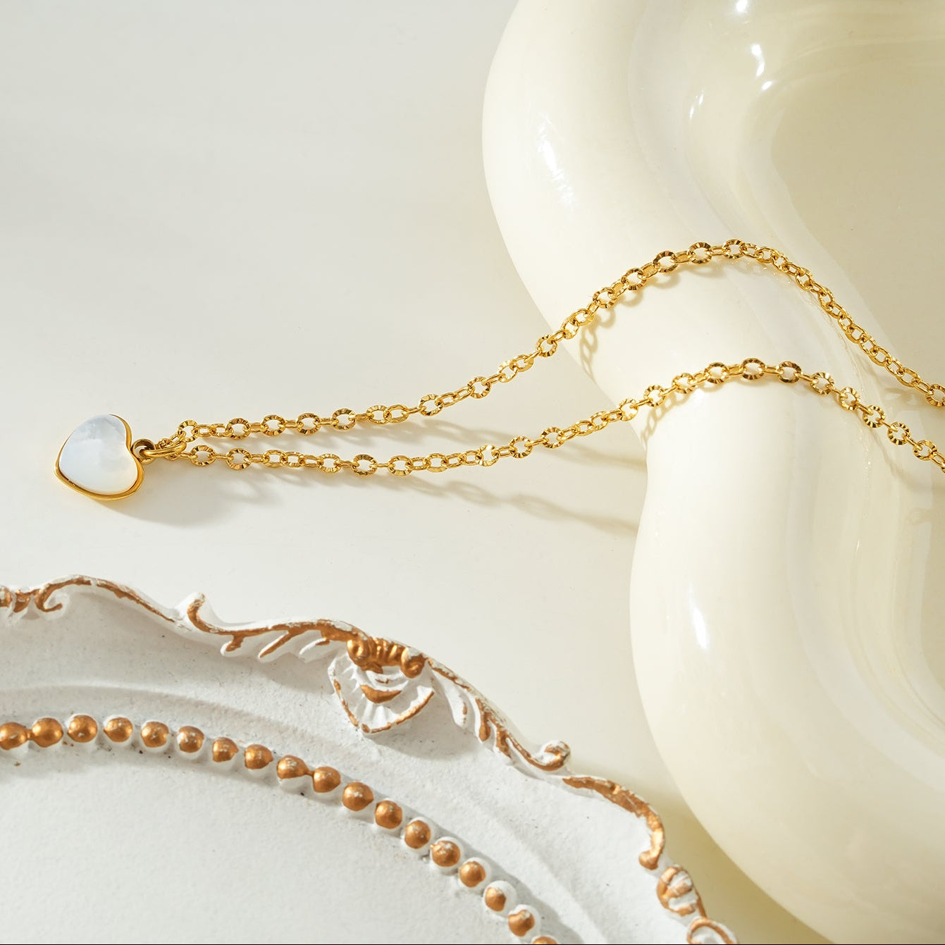 KOKUM Gold: Dainty Chain Necklace with Mini Shell-Encased Heart Charm Pendant — A Little Love to Hold Close