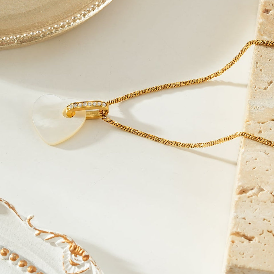 KAO Gold: Mother of Pearl Heart Pendant Necklace with Zirconia Stones