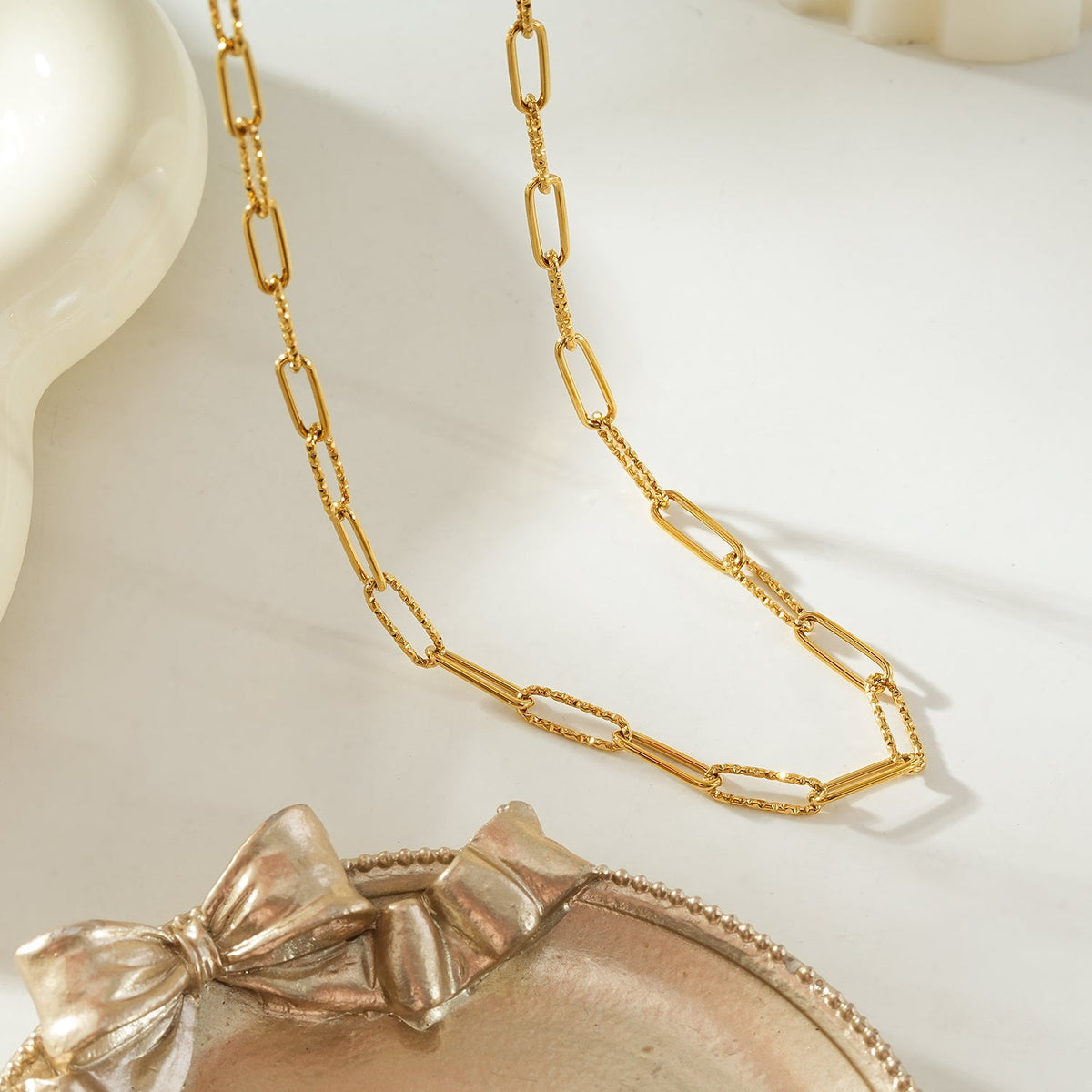 KEOLA Gold: Dailywear Essential Mixed Textures Paper Clip Chain Necklace $25