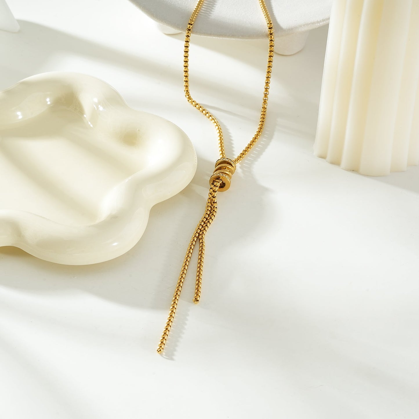 MAHANA Gold: Adjustable Gold Lariat Necklace with Sliding Bead & Tassel Drop – Modern Minimal Statement