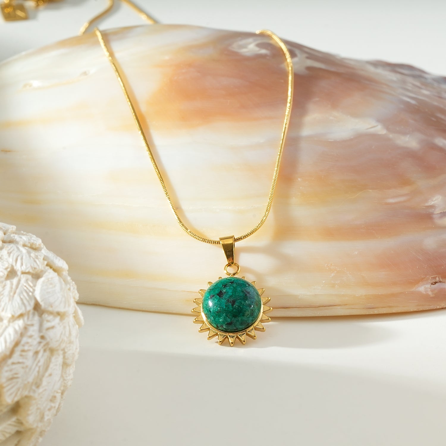 CHIDERA Gold: African Turquoise Sunburst Pendent on a Snake Skin Textured Chain Necklace