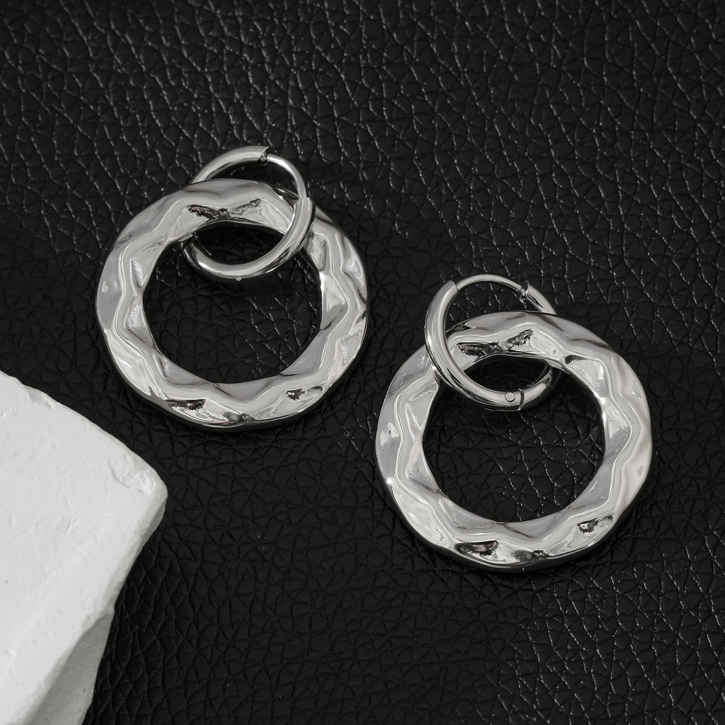 ELENA: Sculpted Texture Silver Toned (White Gold) Hoop Earrings