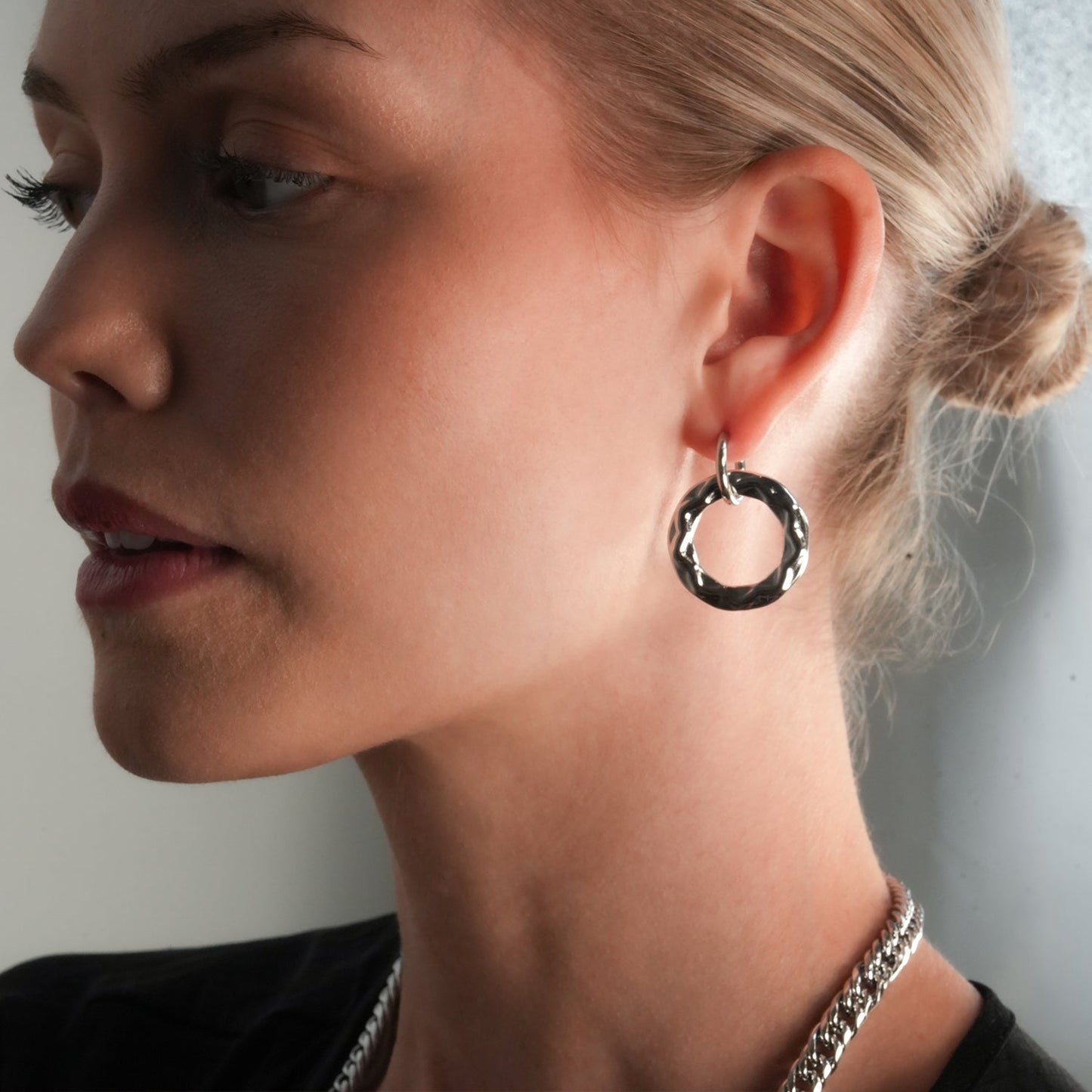 ELENA: Sculpted Texture Silver Toned (White Gold) Hoop Earrings