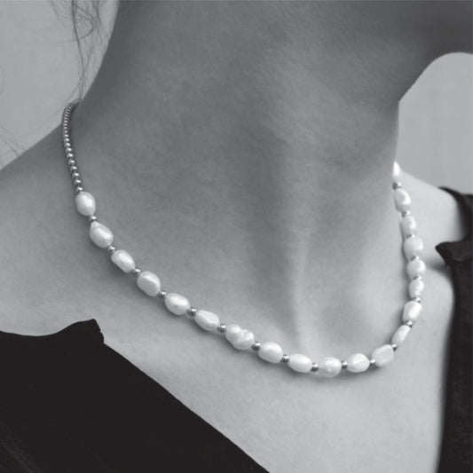 ELISA: Fresh Water Pearls & White Gold (Silver Toned) Beaded Chain Necklace