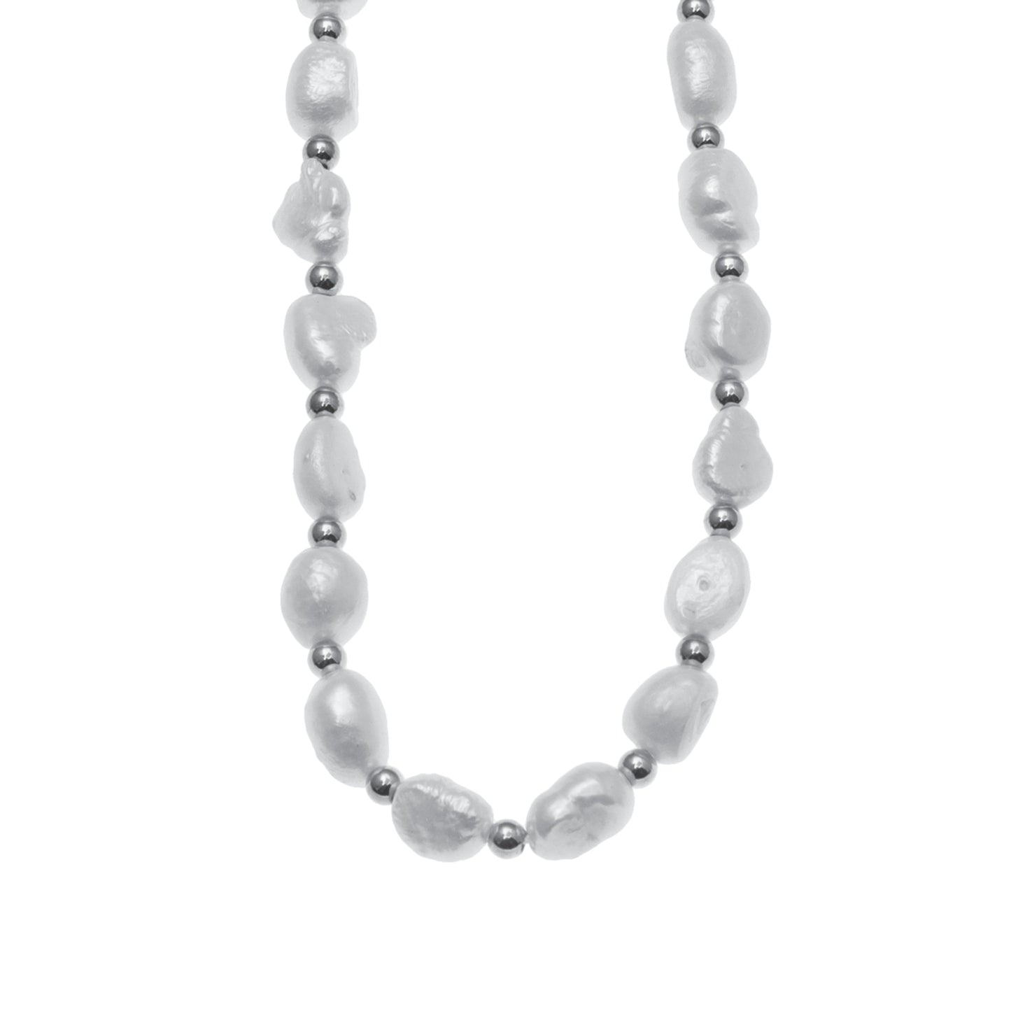 ELISA: Fresh Water Pearls & White Gold (Silver Toned) Beaded Chain Necklace