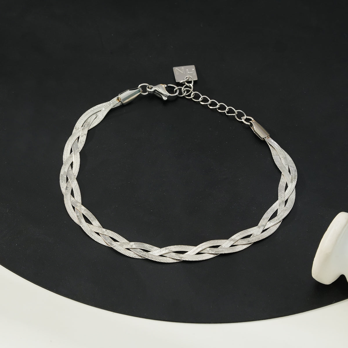 ELLA White Gold (Silver Toned): Intertwined Herringbone Snake Skin Textured Bracelet