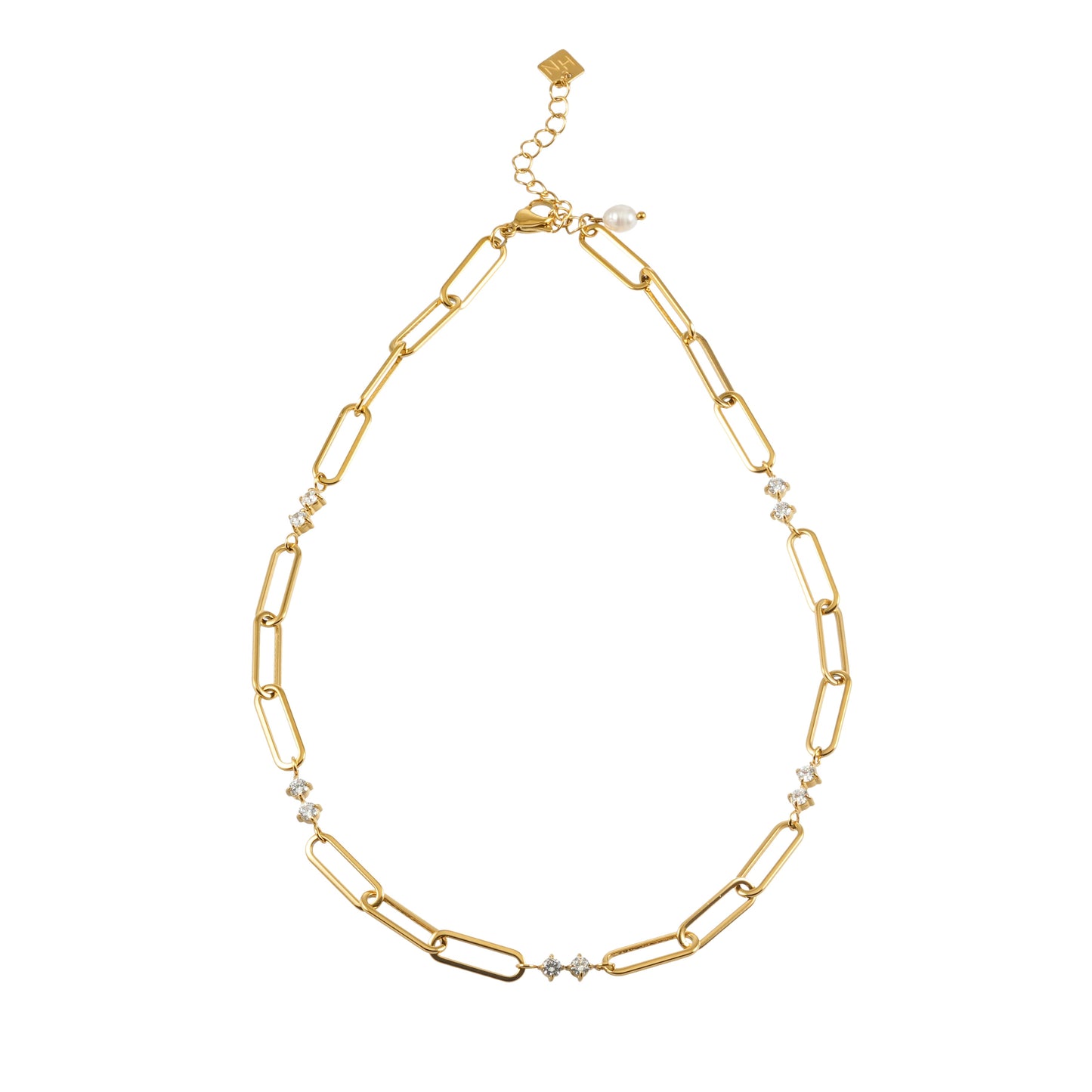 ELOPPINA Gold: Paper Clip Chain with Zirconia Accents & Freshwater Pearl