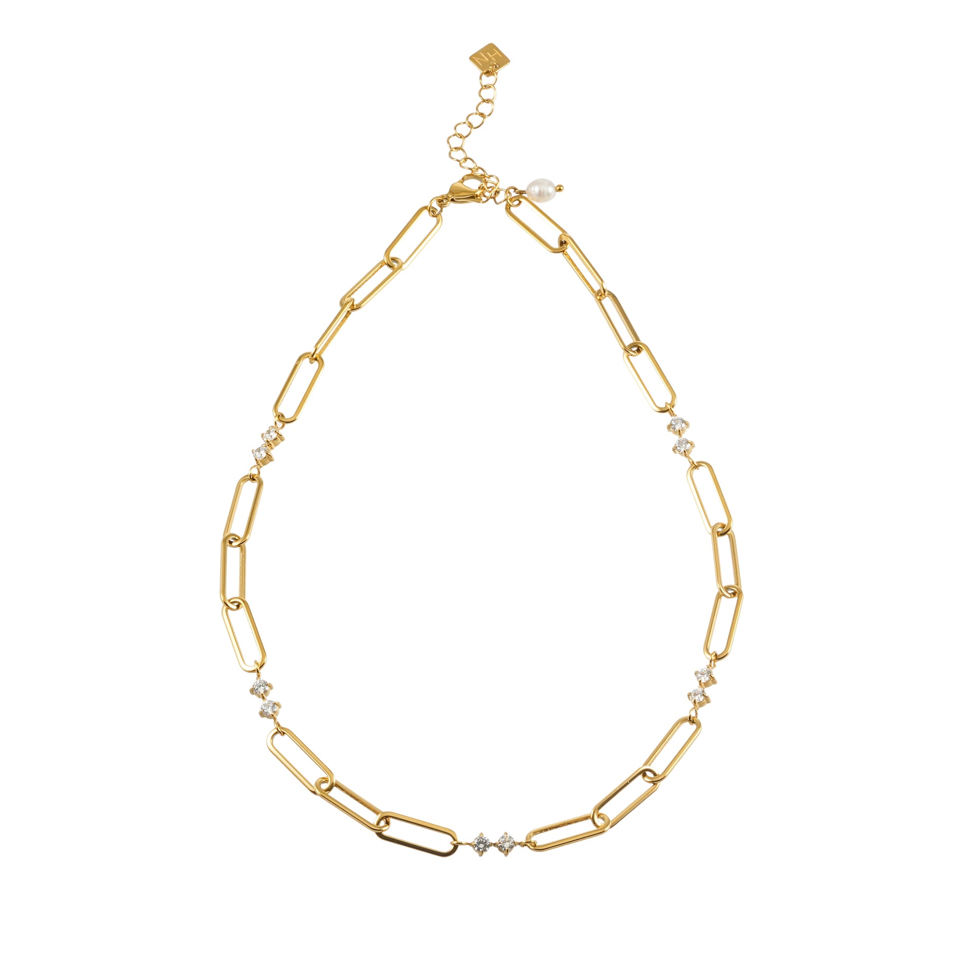 ELOPPINA Gold: Paper Clip Chain with Zirconia Accents & Freshwater Pearl