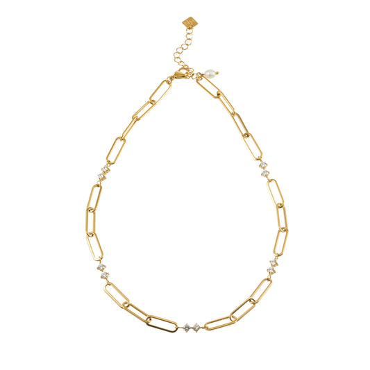 ELOPPINA Gold: Paper Clip Chain with Zirconia Accents & Freshwater Pearl