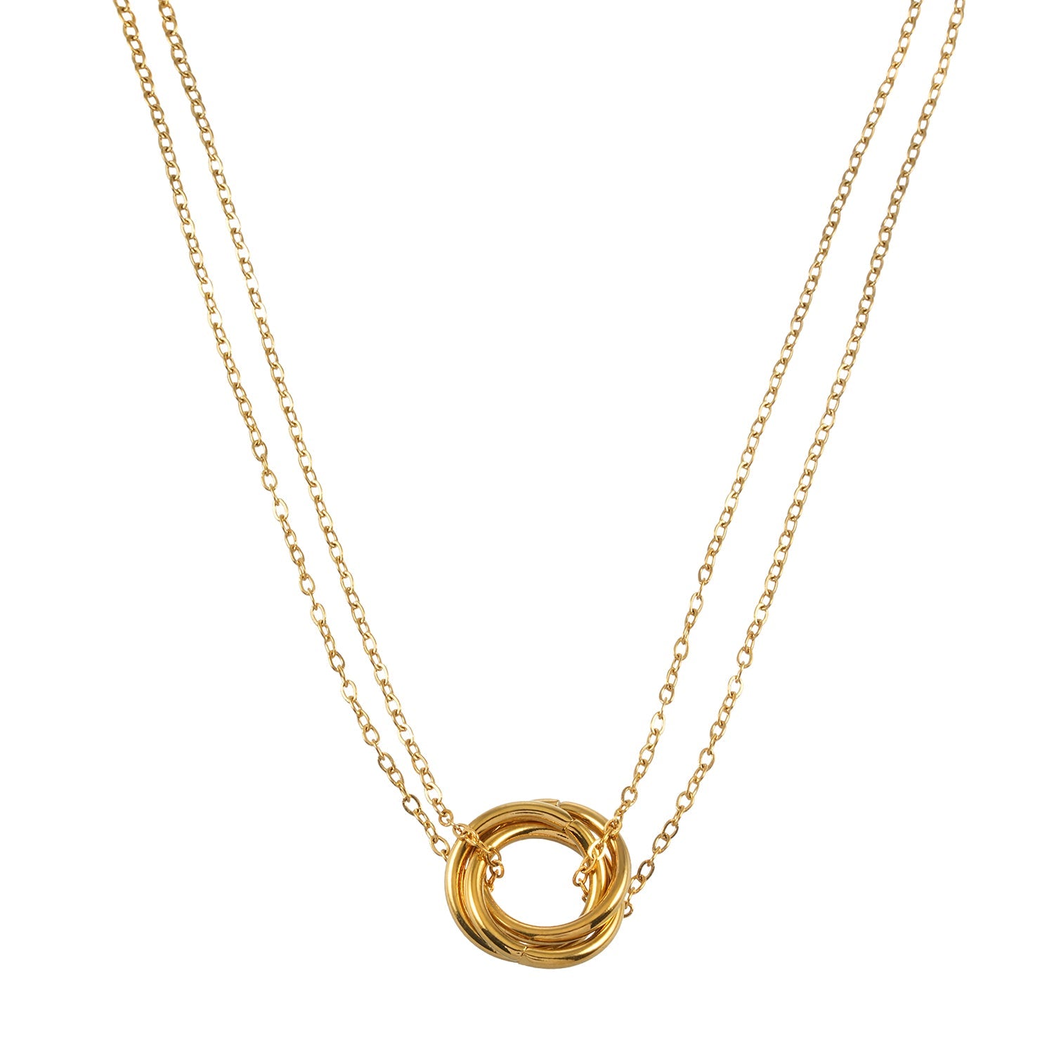 ELVIRA Gold: Double Chain Dainty Necklace with Intertwined 3-Ring Pendant – Symbol of Love, Unity & Eternity