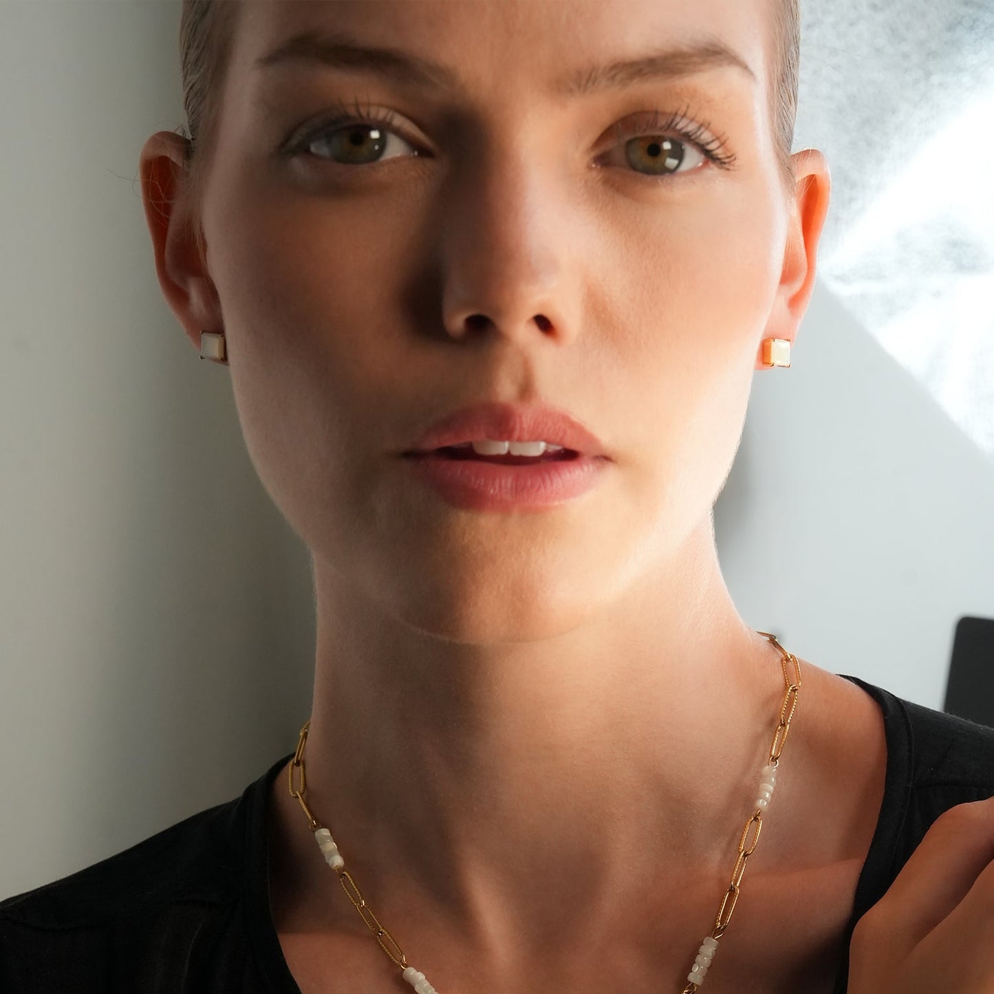ERITH: Gold Rimmed Natural Shell Square Shaped Classic Stud Earrings