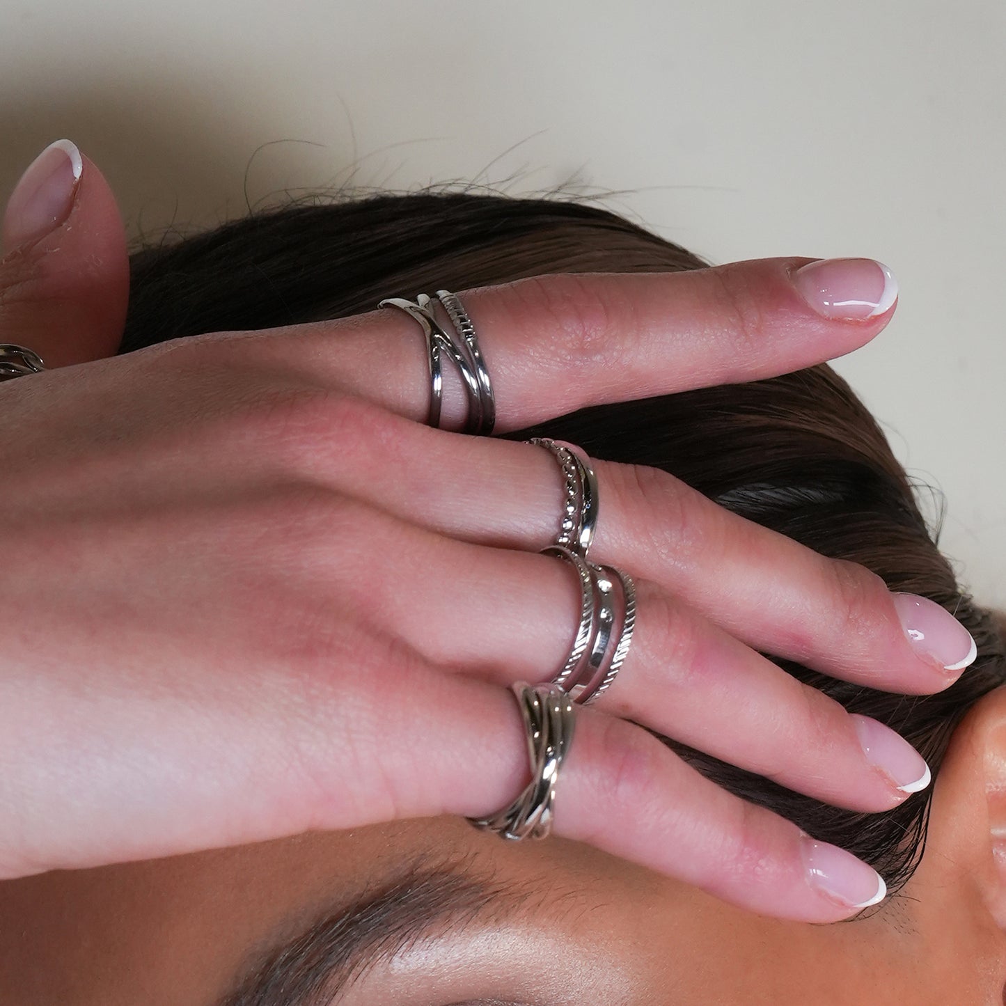 ESTELLA: Triple Banded Interconnected Stack Ring in Silver