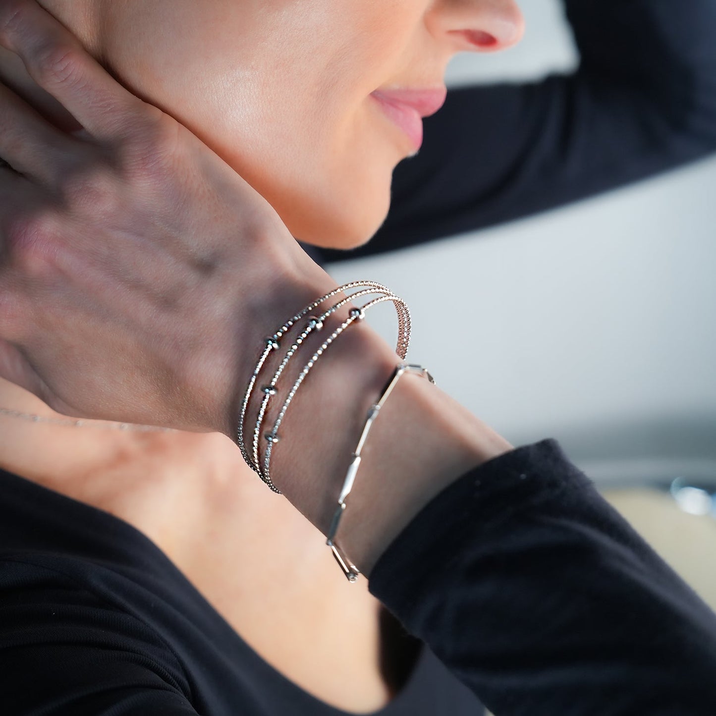 Style FARZIKA Silver: Triple Stacked Textured Beaded Bracelet