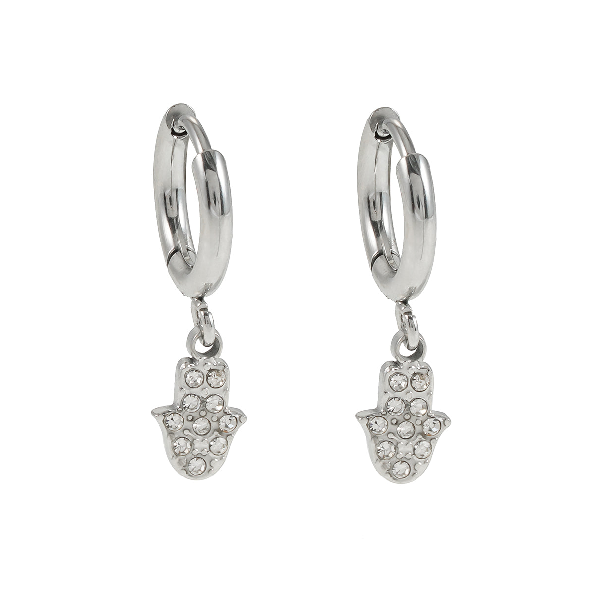 FATIMA White Gold (Silver Toned): Pavé Zirconia (CZ) Mini Hoop Earrings with Hamsa Hand Charm – A Perfect Blend of Style and Protection