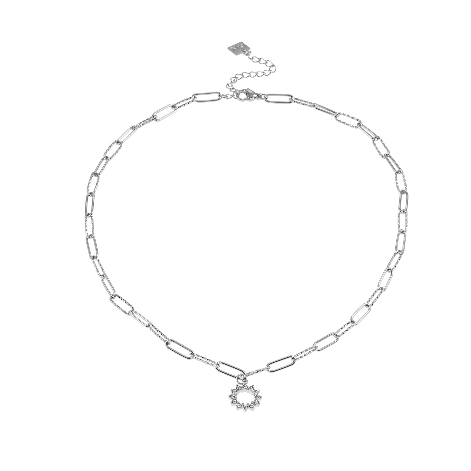 FREETA: Radiant Star Shaped Pendant Zirconia Paper-Clip Chain Necklace in White Gold (Silver Toned)