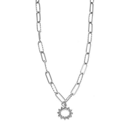 FREETA: Radiant Star Shaped Pendant Zirconia Paper-Clip Chain Necklace in White Gold (Silver Toned)